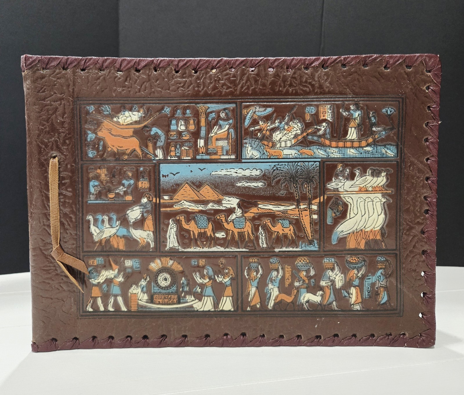 Vintage 1950s Egyptian Tooled Leather Photo Album Unused Scrapbook Pharaonic NOS