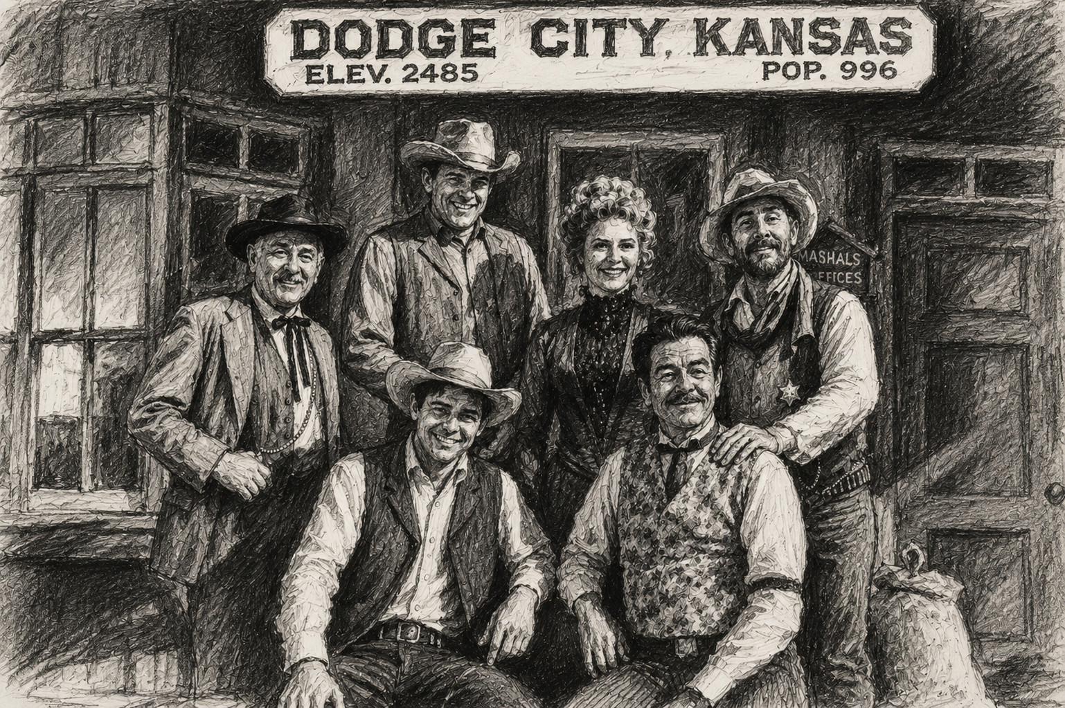 Cast of Classic Cowboy Western TV Show Gunsmoke Charcoal Art Print 8x10