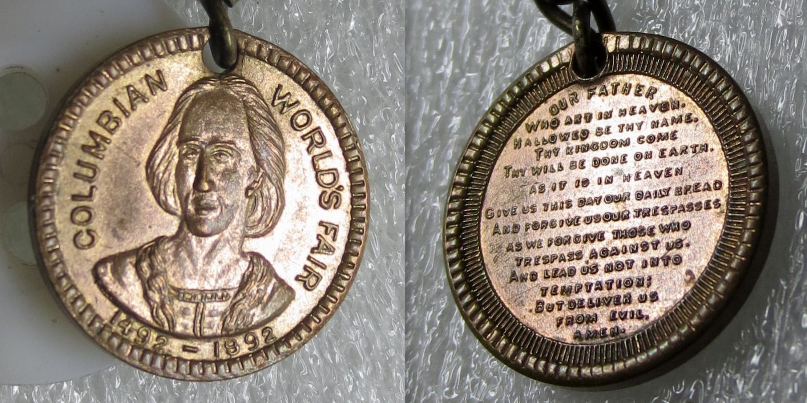 Antique Columbus/Lord\'s Prayer Mini-Medal 1892-1893 Columbian Expo/World\'s Fair