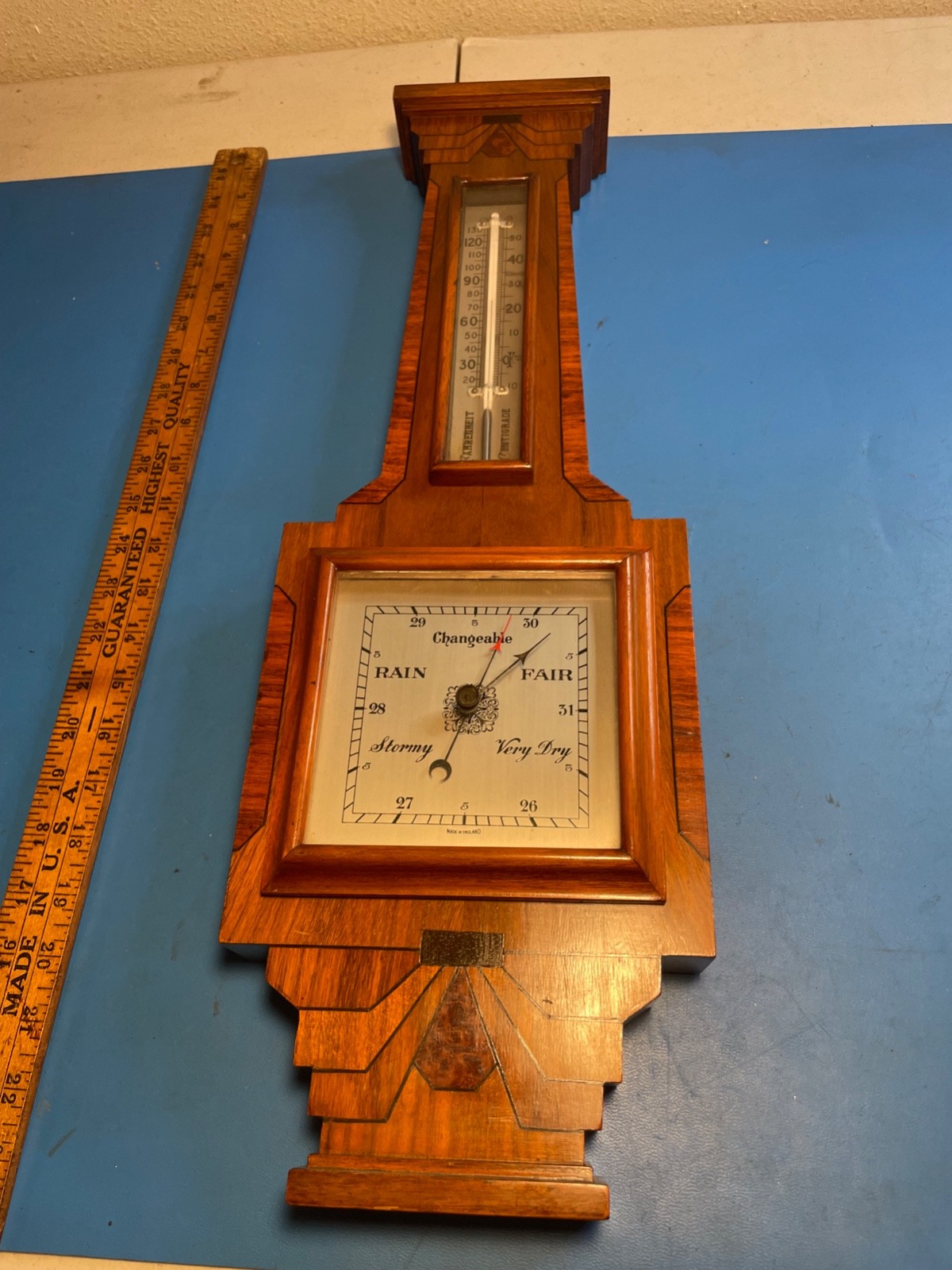 1930s Art Deco walnut aneroid Barometer and Thermometer Made in England