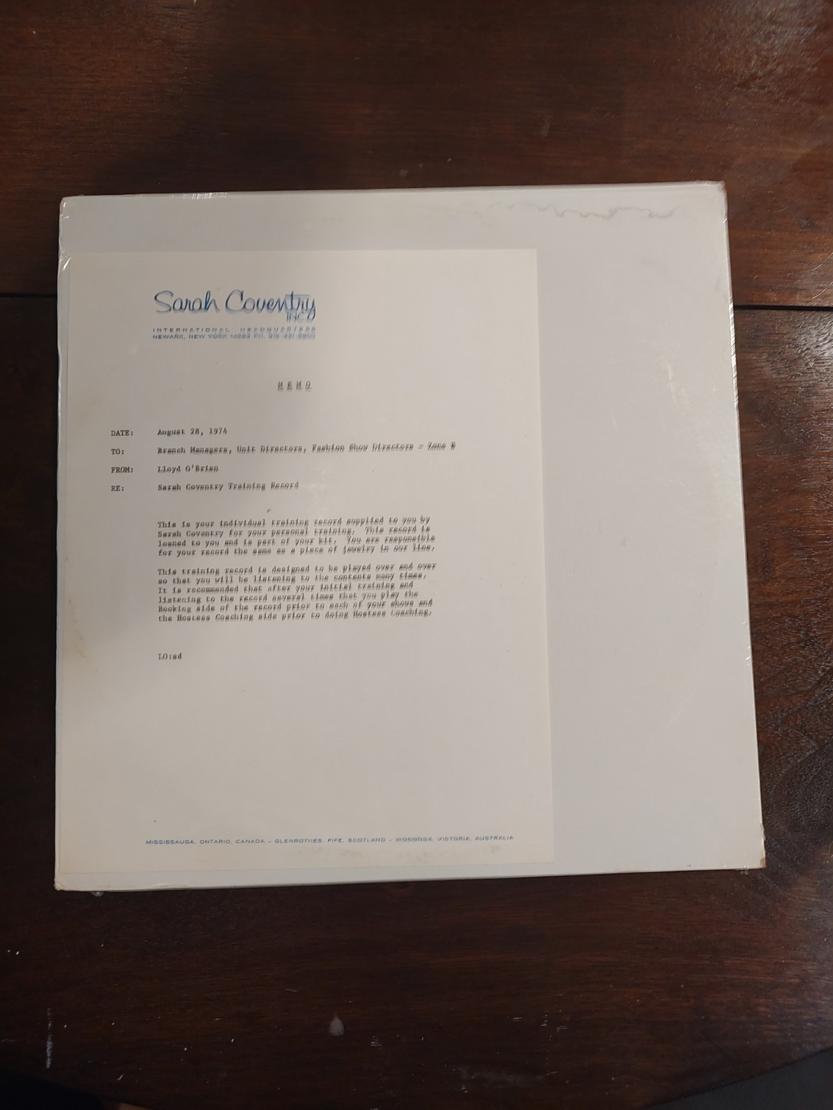 RARE Sealed Vintage, Sarah Coventry Training Record with Original Memo from 1974