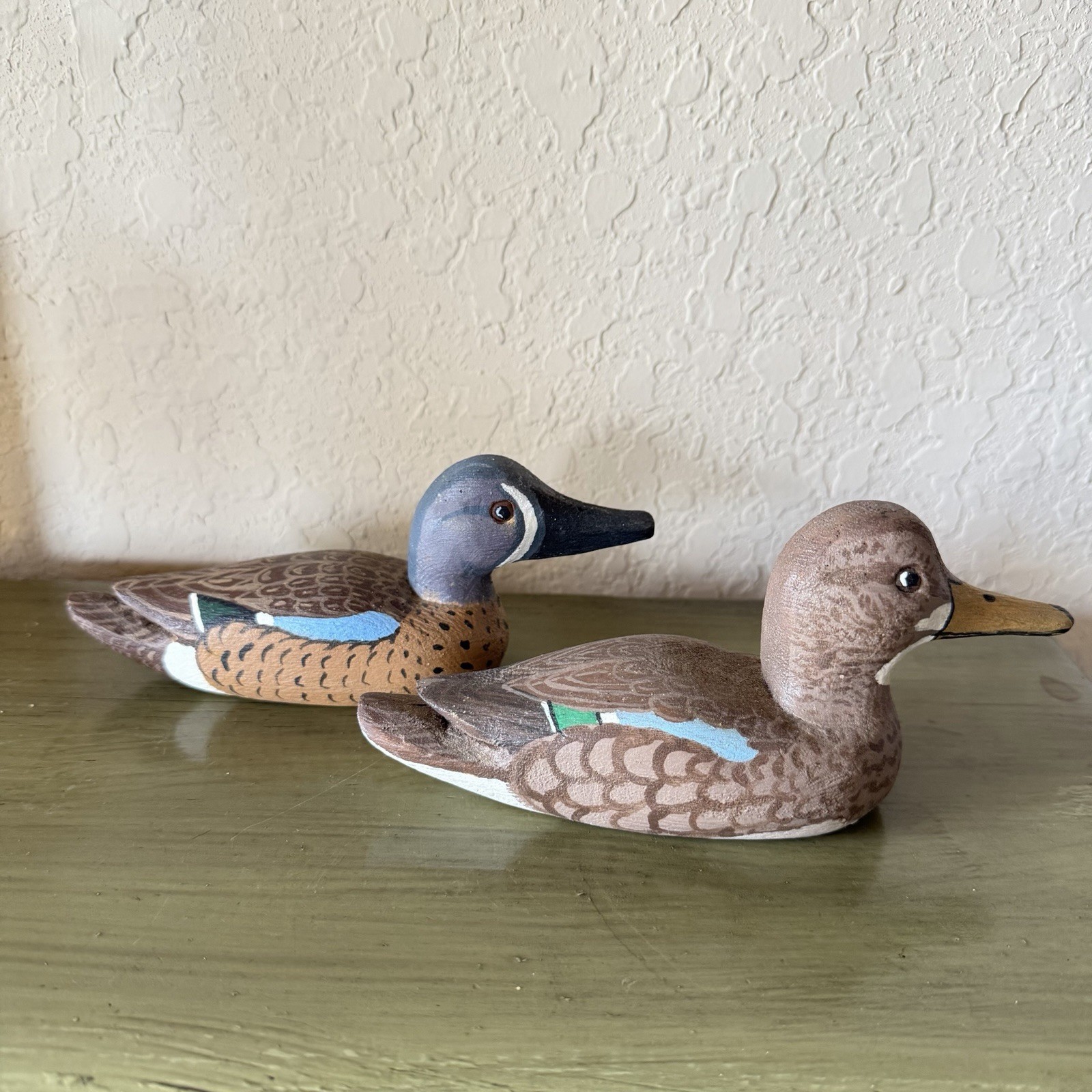 Hand Painted Wood Duck Decoys Pair Blue Winged Teal Male Female Signed Folk Art