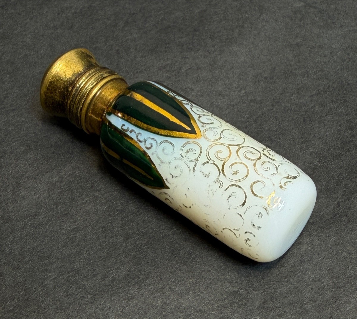 19c.Victorian French Withe Opaline Glass Miniature Perfume Scent Bottle Gold Art