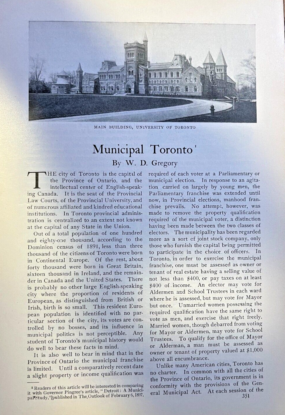 1898 Canada Toronto Ontario University of Toronto Parliament City Hall