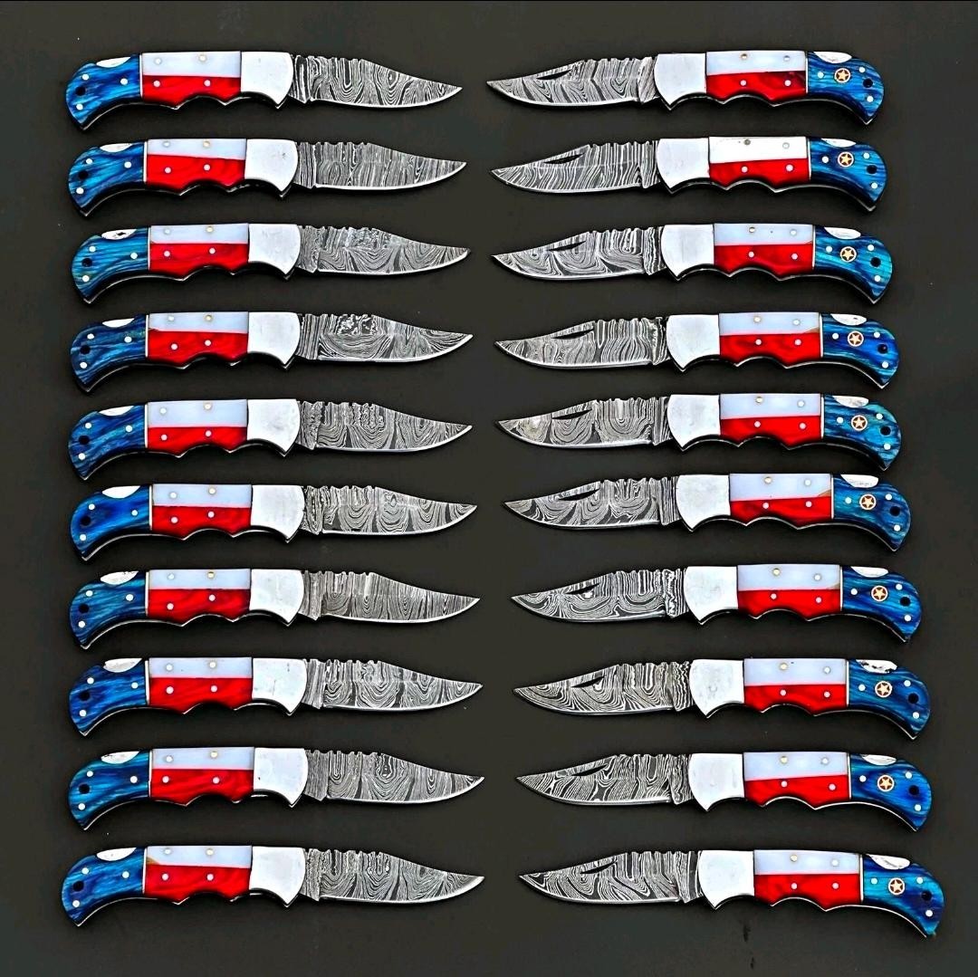 20 Pcs, Texas Flag Handmade Damascus Steel Folding Knives, Pocket (Tariff free)