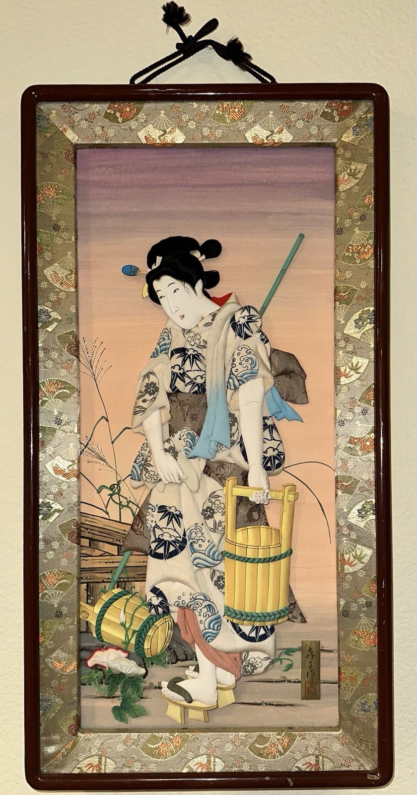 Vintage Japanese Oshie 3D Fabric Art Kimono Woman Ikkodo Doll Asakusa Framed 28”