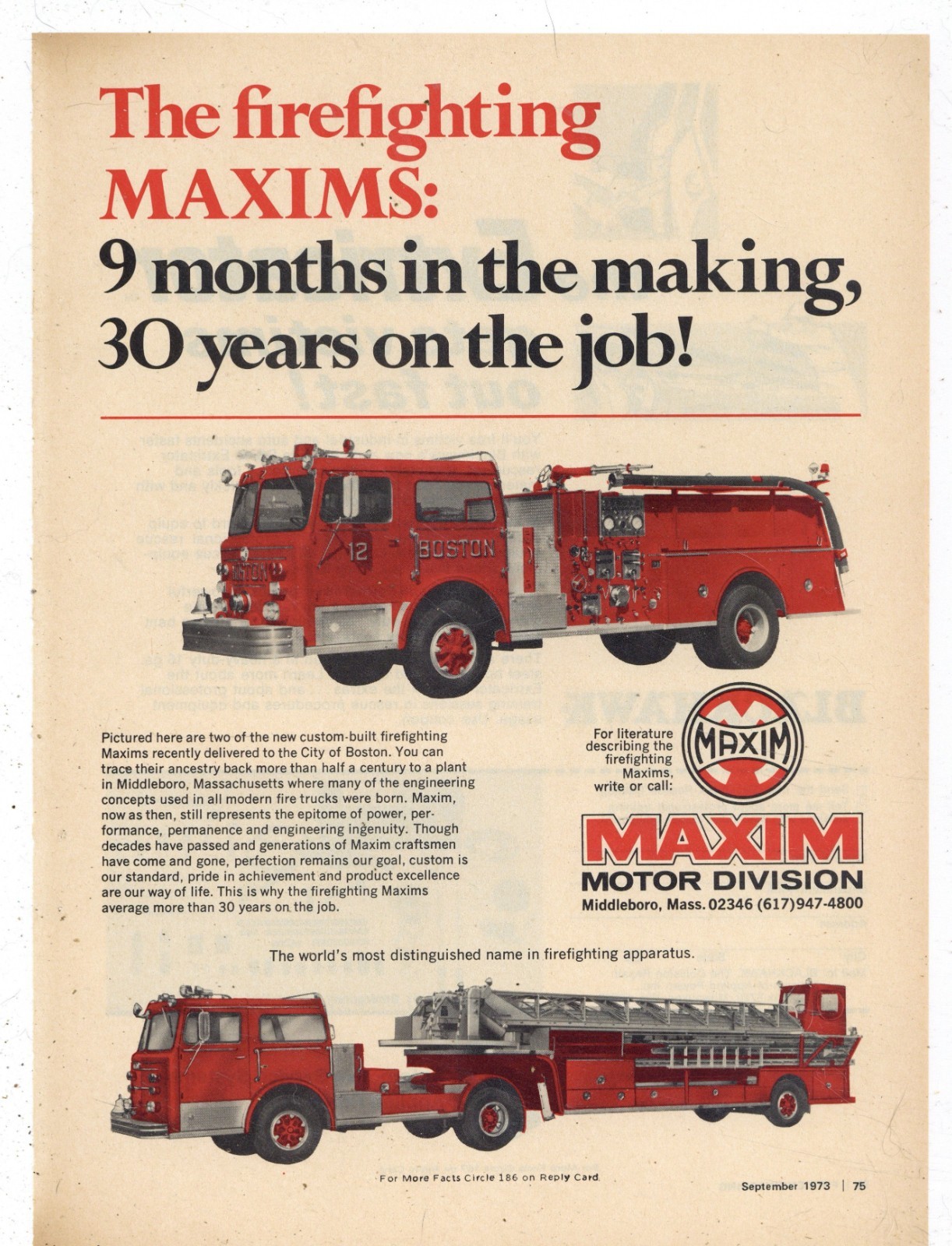 1973 Maxim Fire Apparatus of Middleboro Massachusetts Ad: Bostin Fire Dept Truck