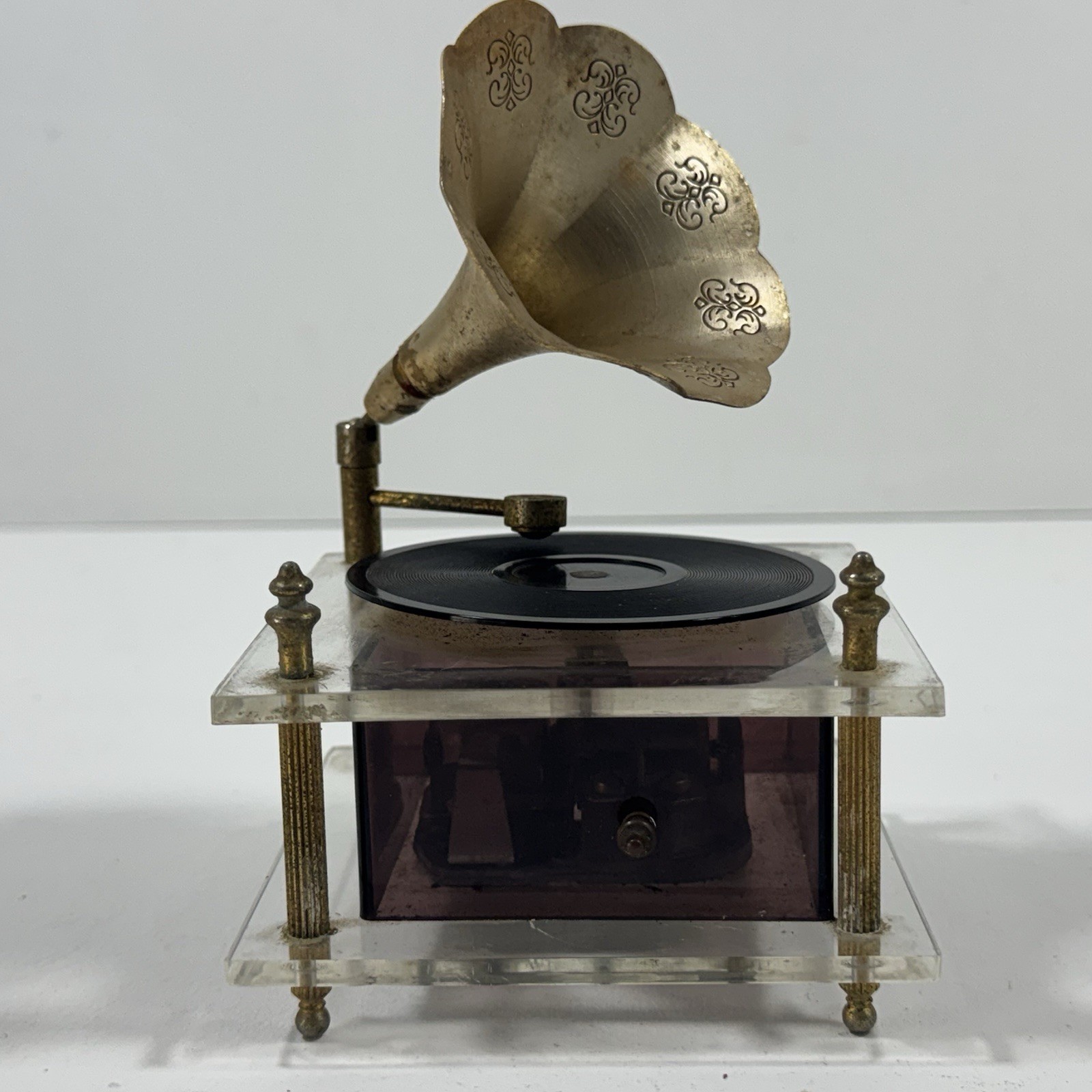 Vintage Japan Acrylic Gramophone Music Box Brass Horn Wind Up Record Player
