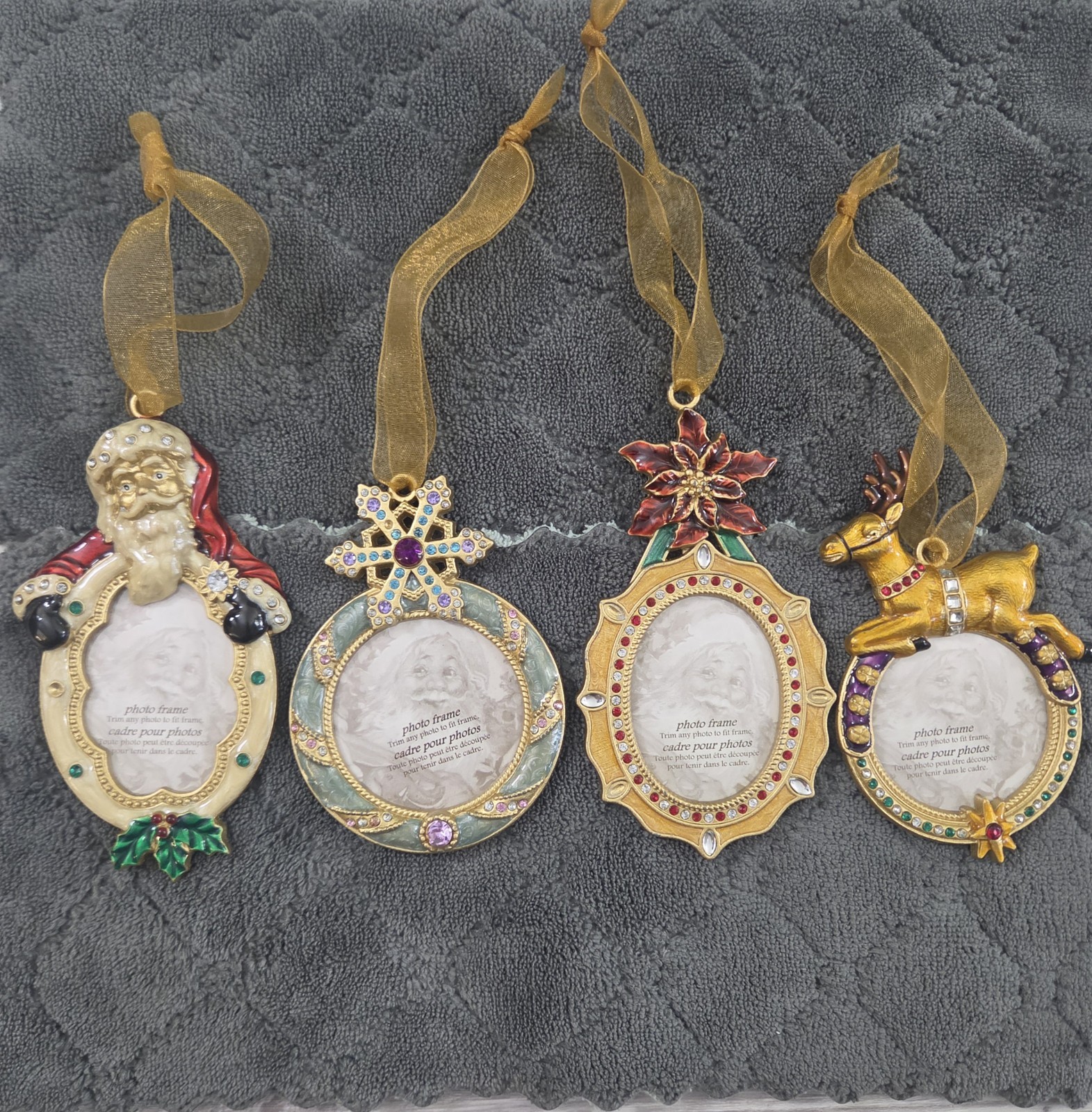 NOS Vtg Enamel Metal Jeweled Picture frame Christmas Ornaments Lot of 4 Boxes