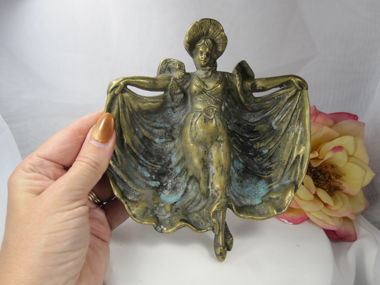 Rare Antique Art Nouveau Loie Fuller Dancer Brass Ring Dish, Jewelry Dish