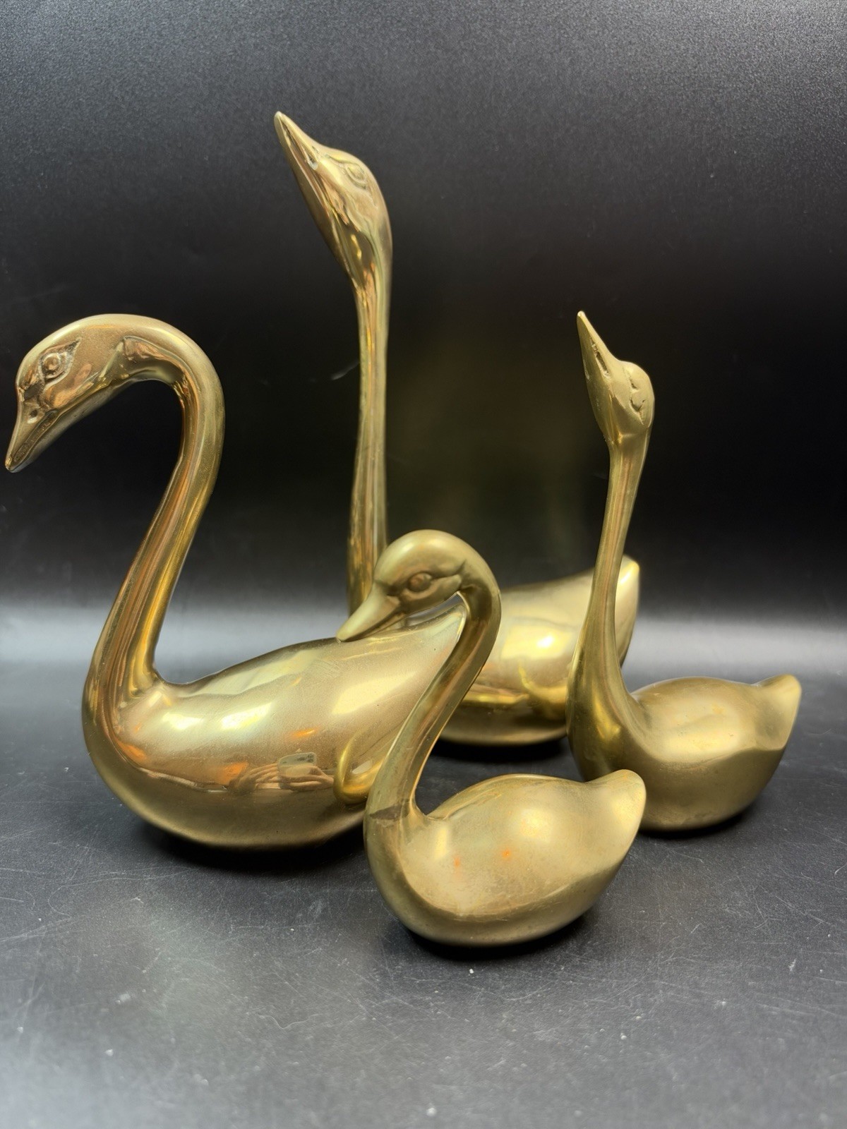 Heavy Brass Swan Figurines Family Set Of 4 Mid Century Modern Vintage Decor