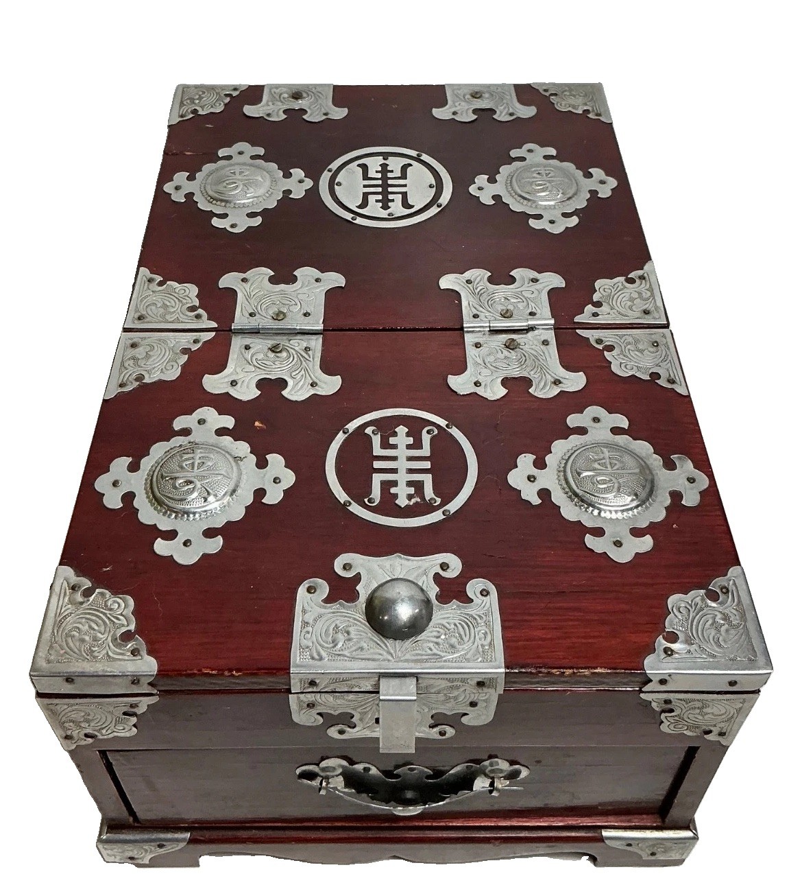 Vintage Lacquered Wood Geisha Cosmetics/Jewelry Box with Fold Out Mirror 12\
