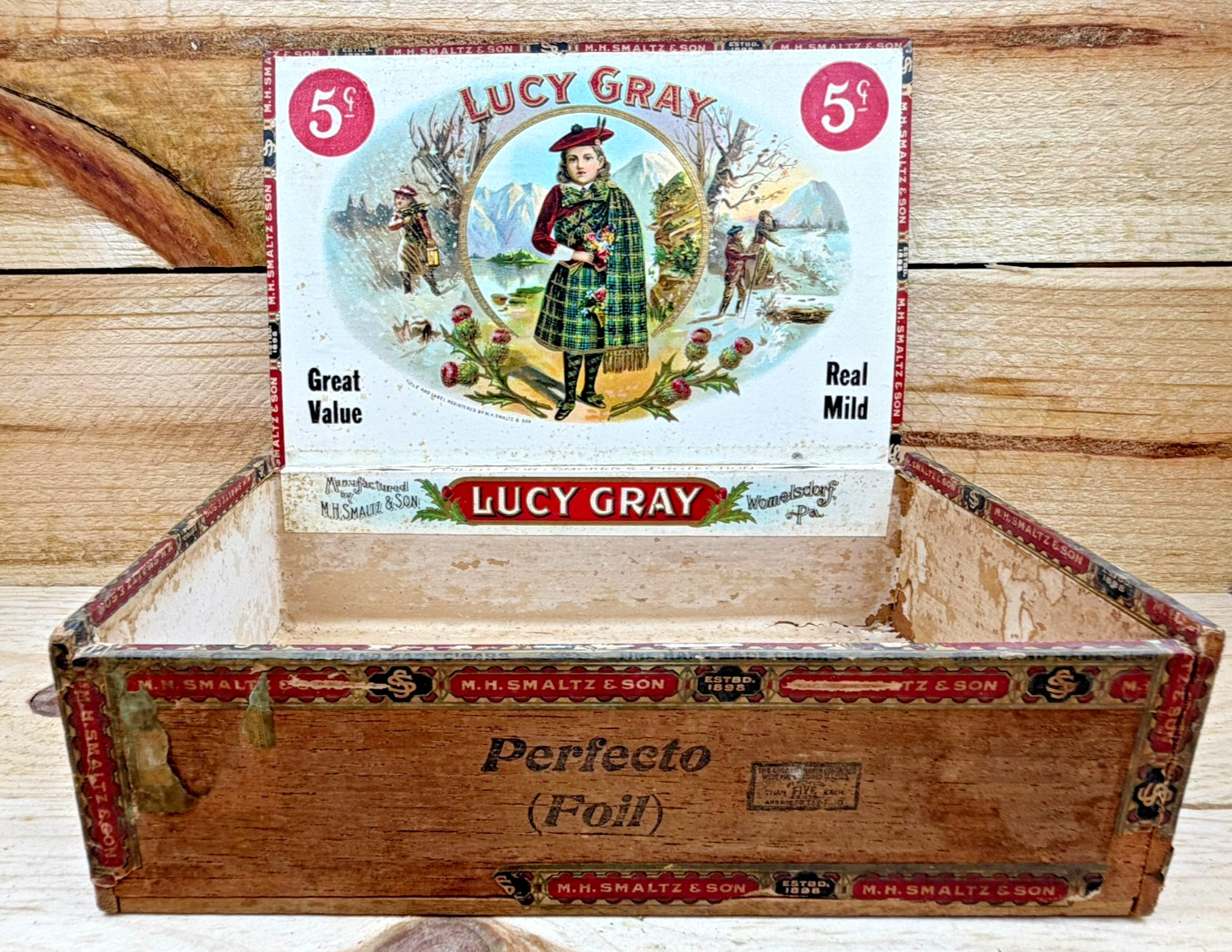 Rare Vintage Antique Lucy Gray Wooden Cigar Box #2 - Womelsdorf PA Tobacco Hist.