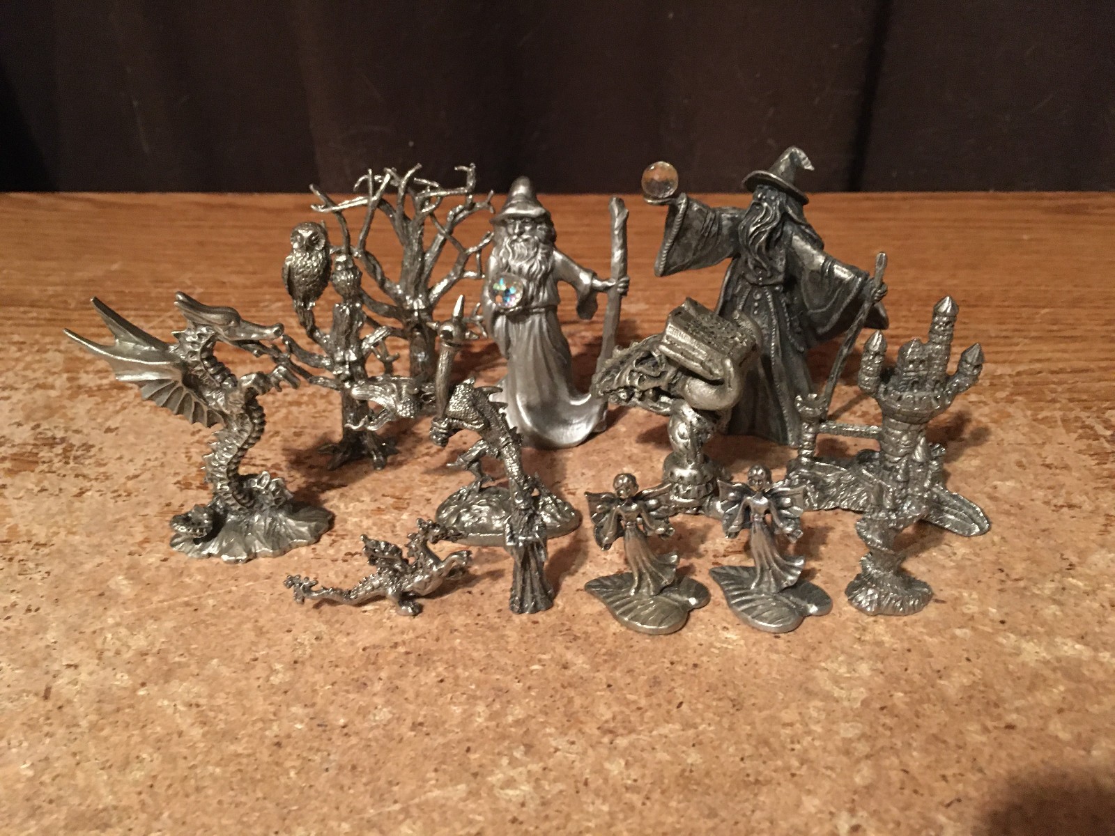 LOT OF 12 PEWTER FANTASY FIGURINES WIZARDS DRAGONS CASTLES ALTAR LIVING TREE