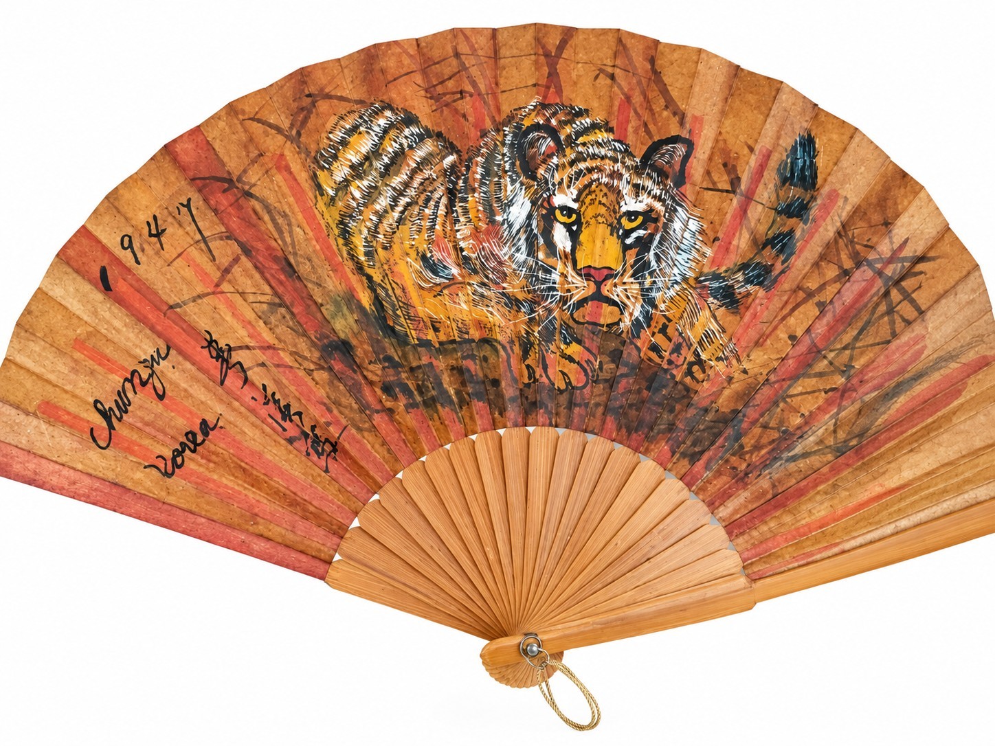 Vintage Korean Hand Painted Tiger Folding Fan Bamboo Signed Korea Asian Folk Art