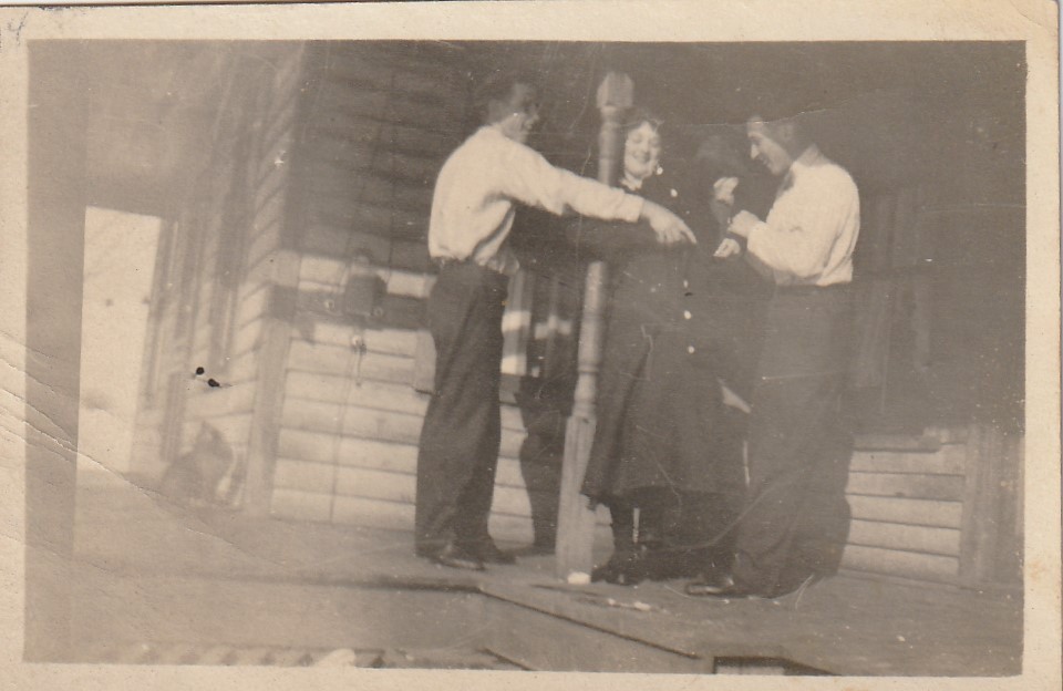 1910/20s Vintage photo of 2 men and woman laughing on a porch, found photos