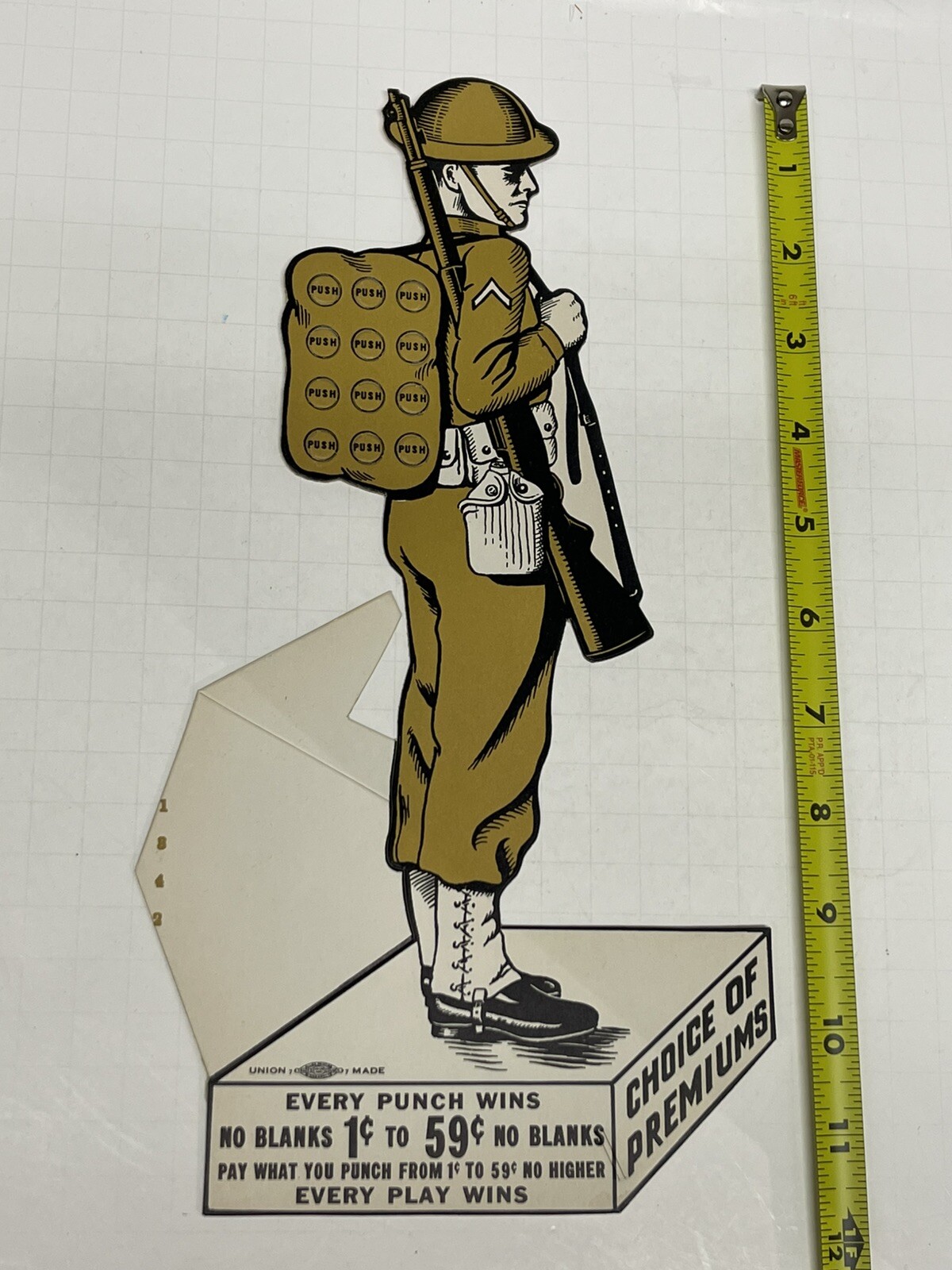 Vintage WWI Doughboy Soldier Punch Board Die Cut Card Stand Premium NOS Military