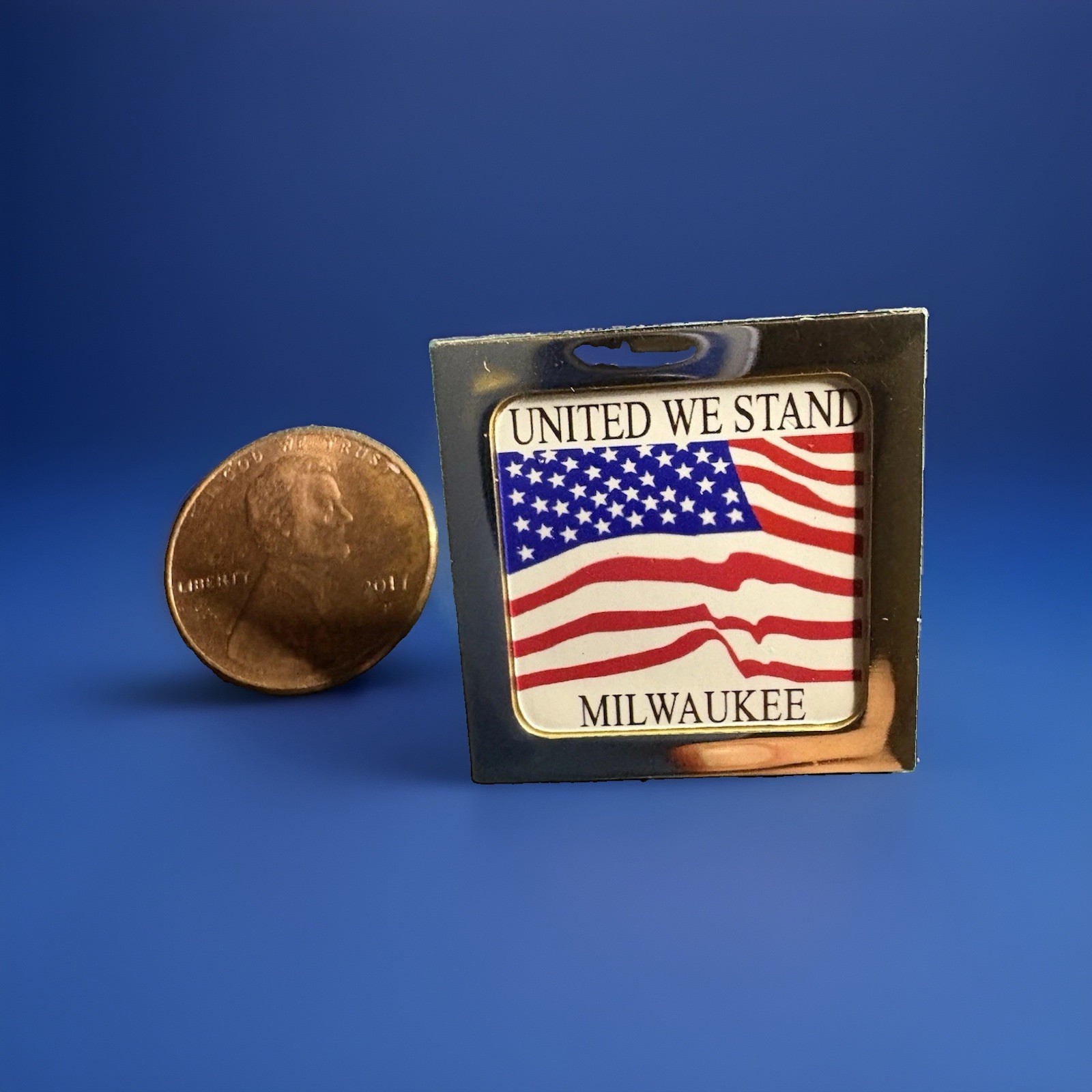 United We Stand Milwaukee Wisconsin American Flag Patriotic Lapel Pin 9/11 Era