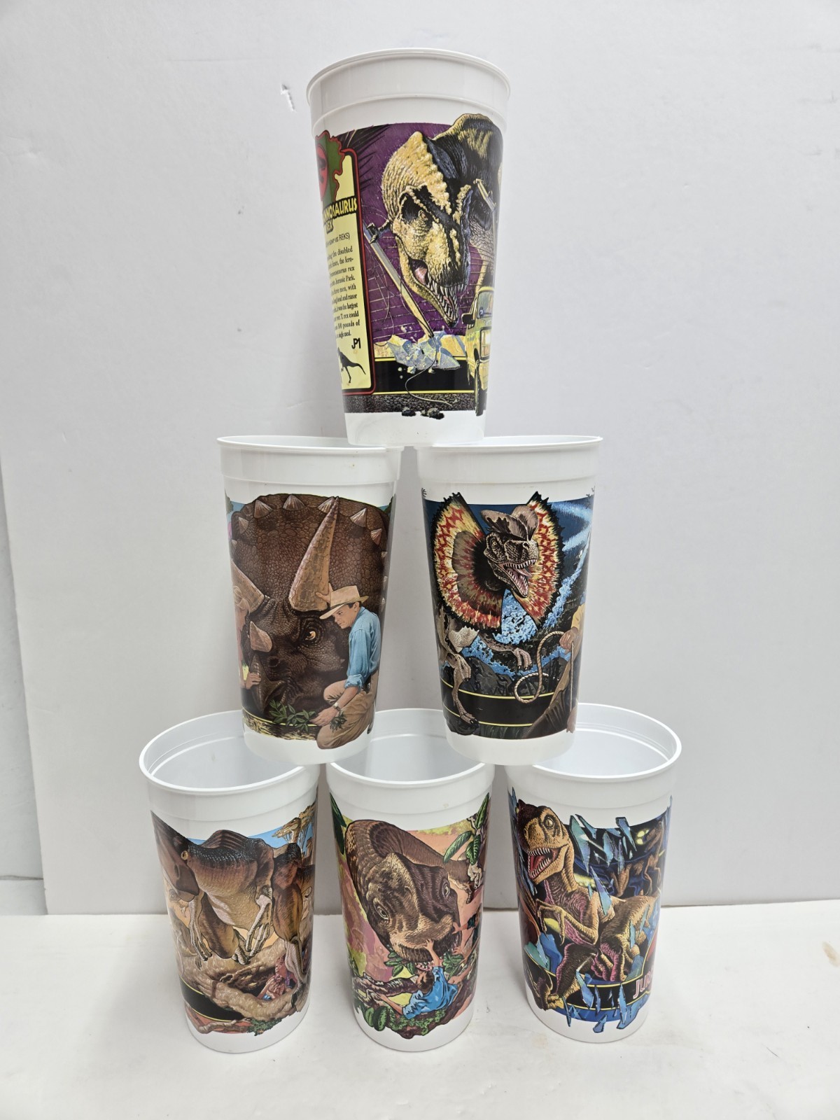 6x Vintage 1993 Jurassic Park Mcdonalds Cup Set Velociraptor Triceratops 