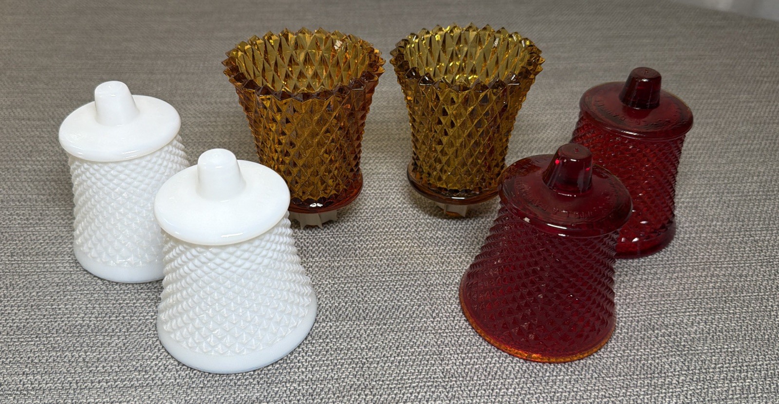 Vtg. Diamond Cut Votive Candle Peg Light Holders Amber, Red & White Set Of 6