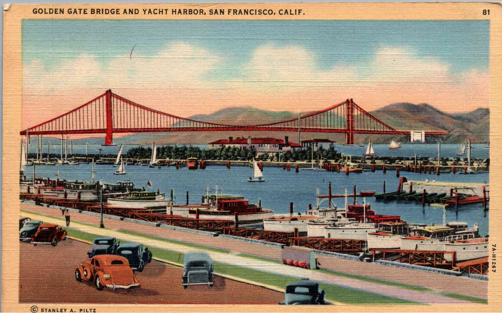 San Francisco, California - View of the Golden Gate Bridge & Yacht Harbor- 1940s