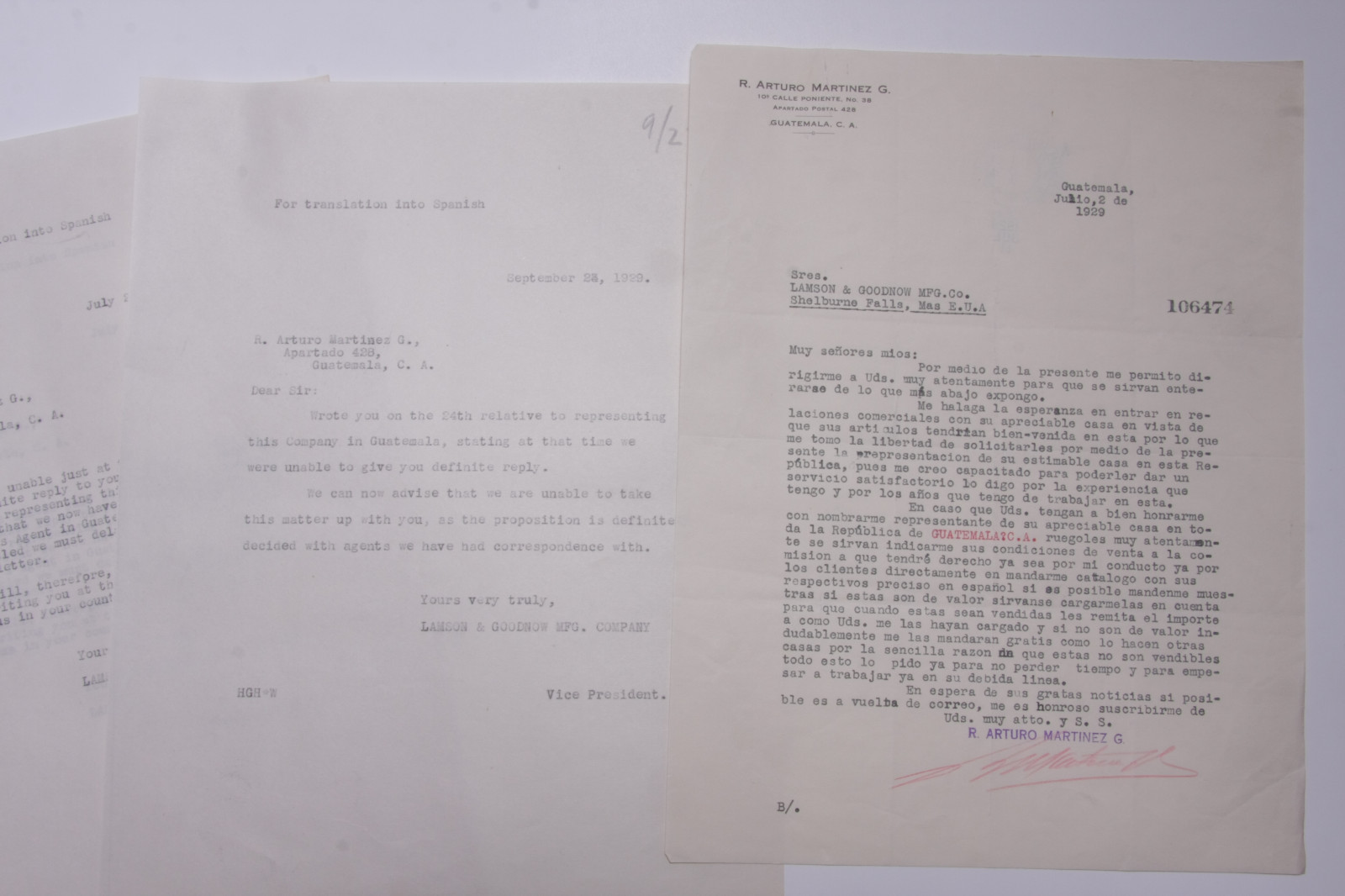 1929 Lamson Goodnow R Arturo Martinez G Guatemala CA Signed Ephemera L473L