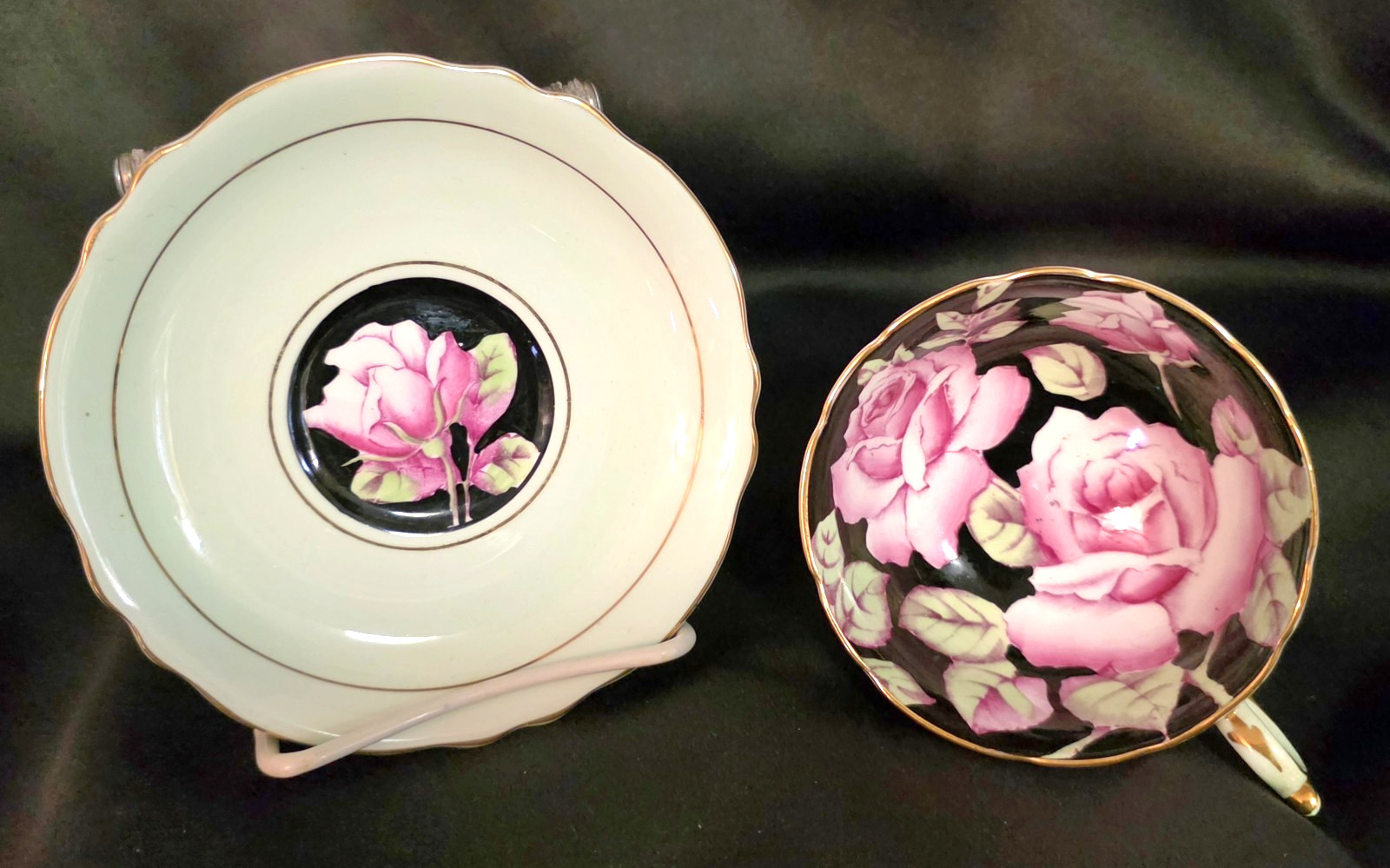 Paragon Fine Bone China England Tea Cup Mint Green Saucer Cabbage Rose Gold