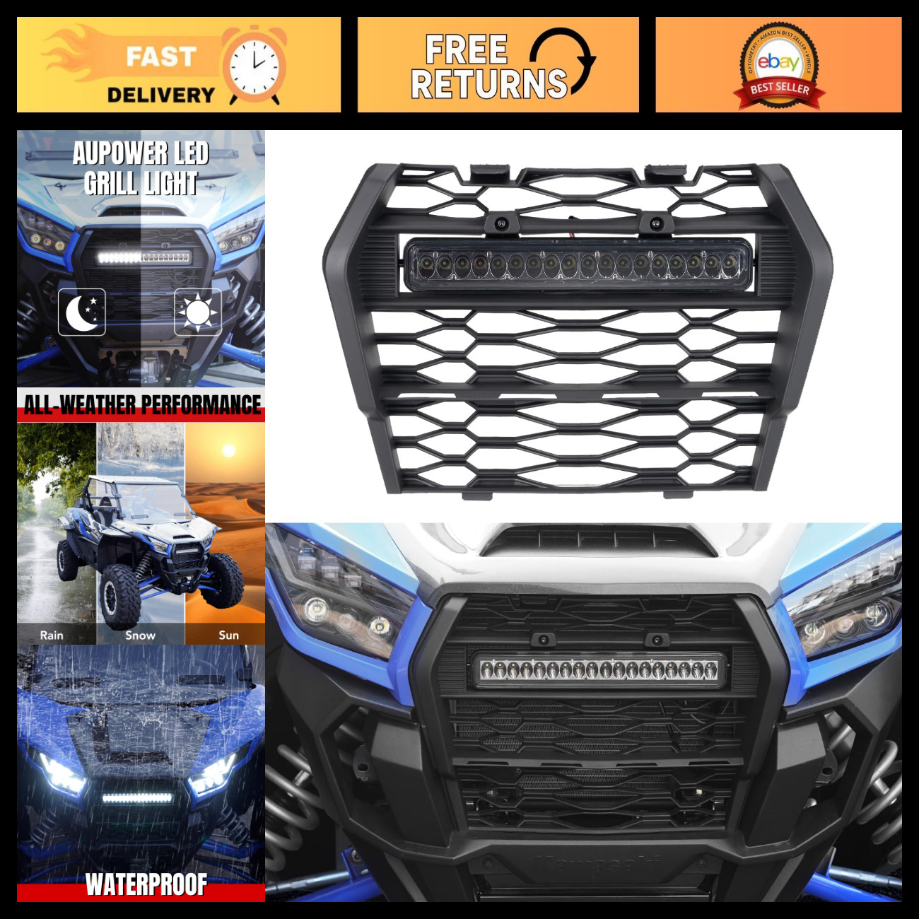 AUPOWER Front Grill Light for Kawasaki Teryx KRX 1000 Accessories,Front Mesh Gri
