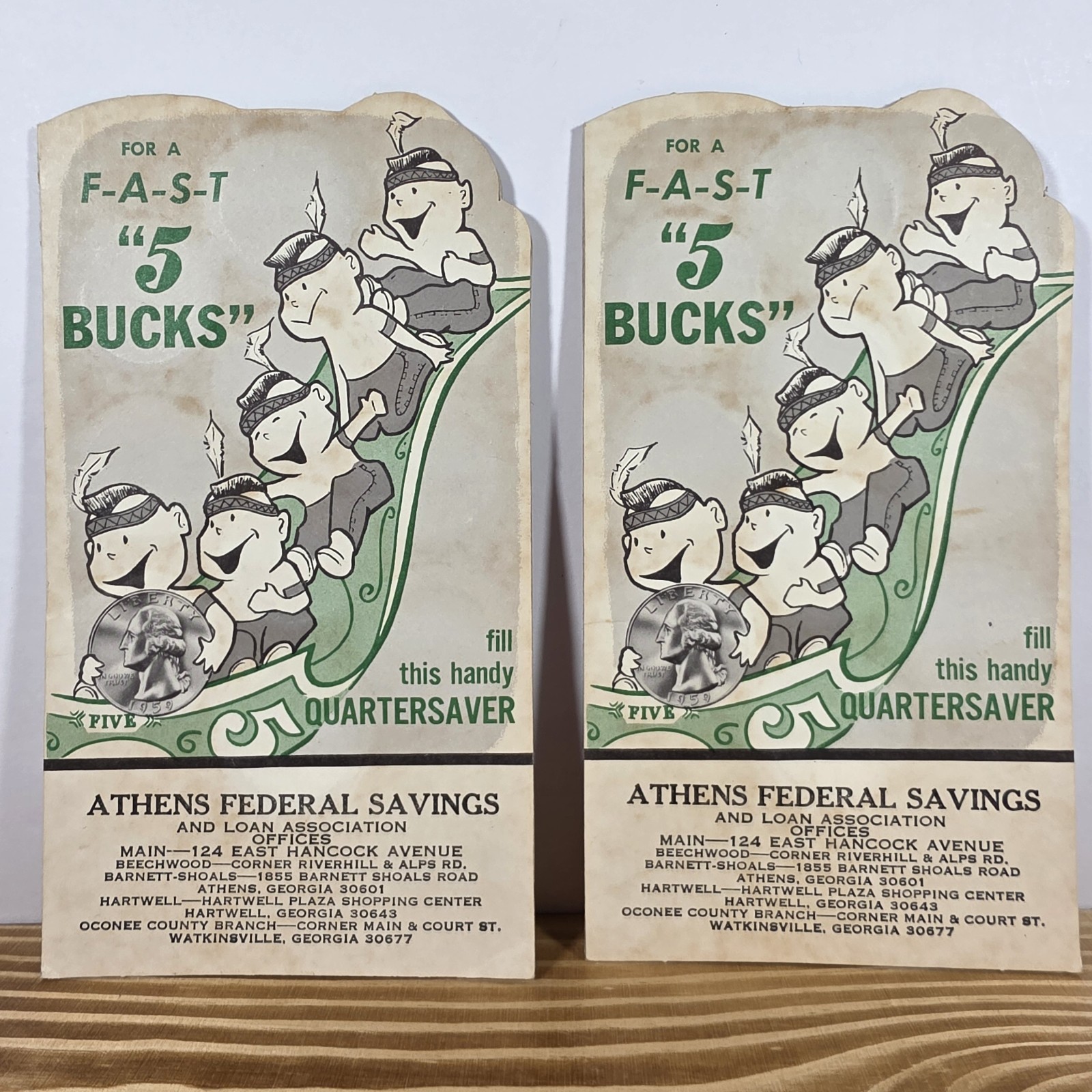 2 Vtg Quarter Savers Little Chief For A Fast 5 Bucks Athens Federal Savings Bank