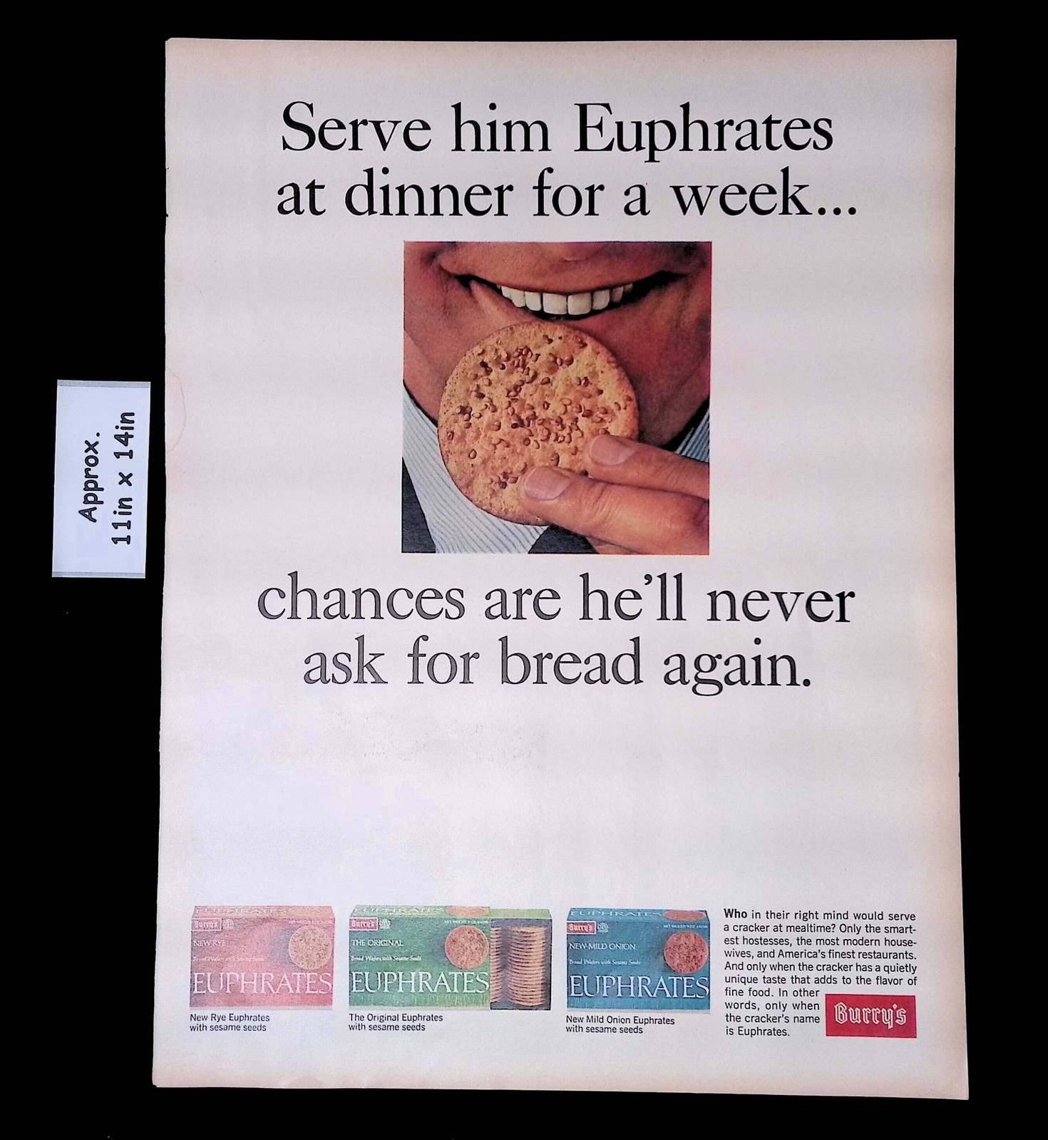 1965 Burry's EUPHRATES NEW RYE, THE ORIGINAL & NEW MILD ONION Print Ad 56269