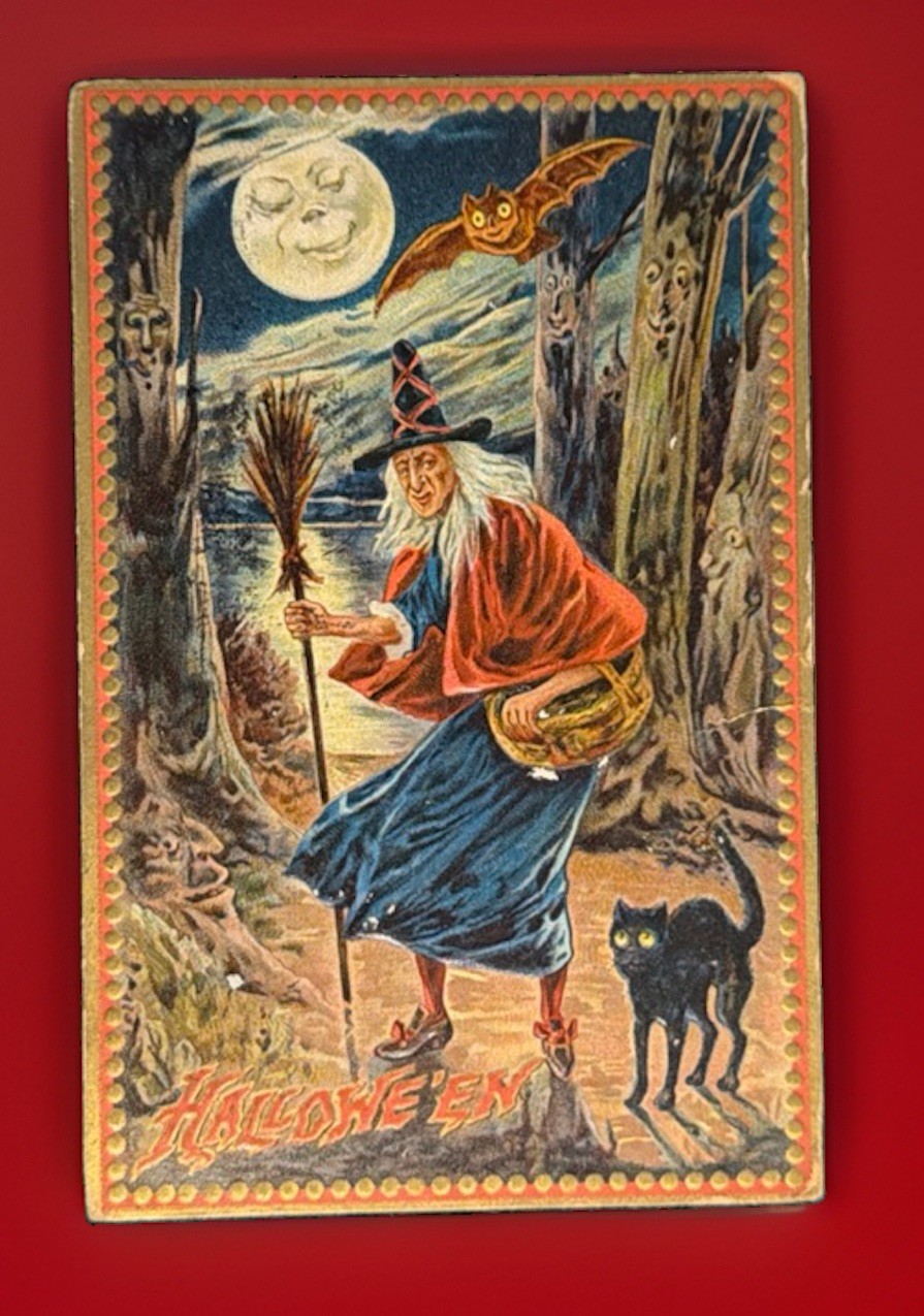 Antique Tuck Halloween Postcard Witch Broom Black Cat Moon Owl Bat Tree 1909