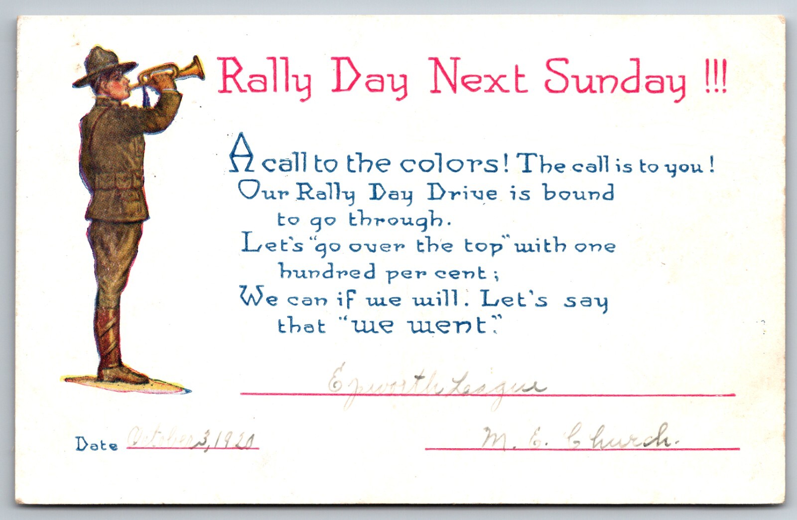 Rally Day Walkersville Maryland MD Epworth League 1920 Bugler Sunday  Postcard