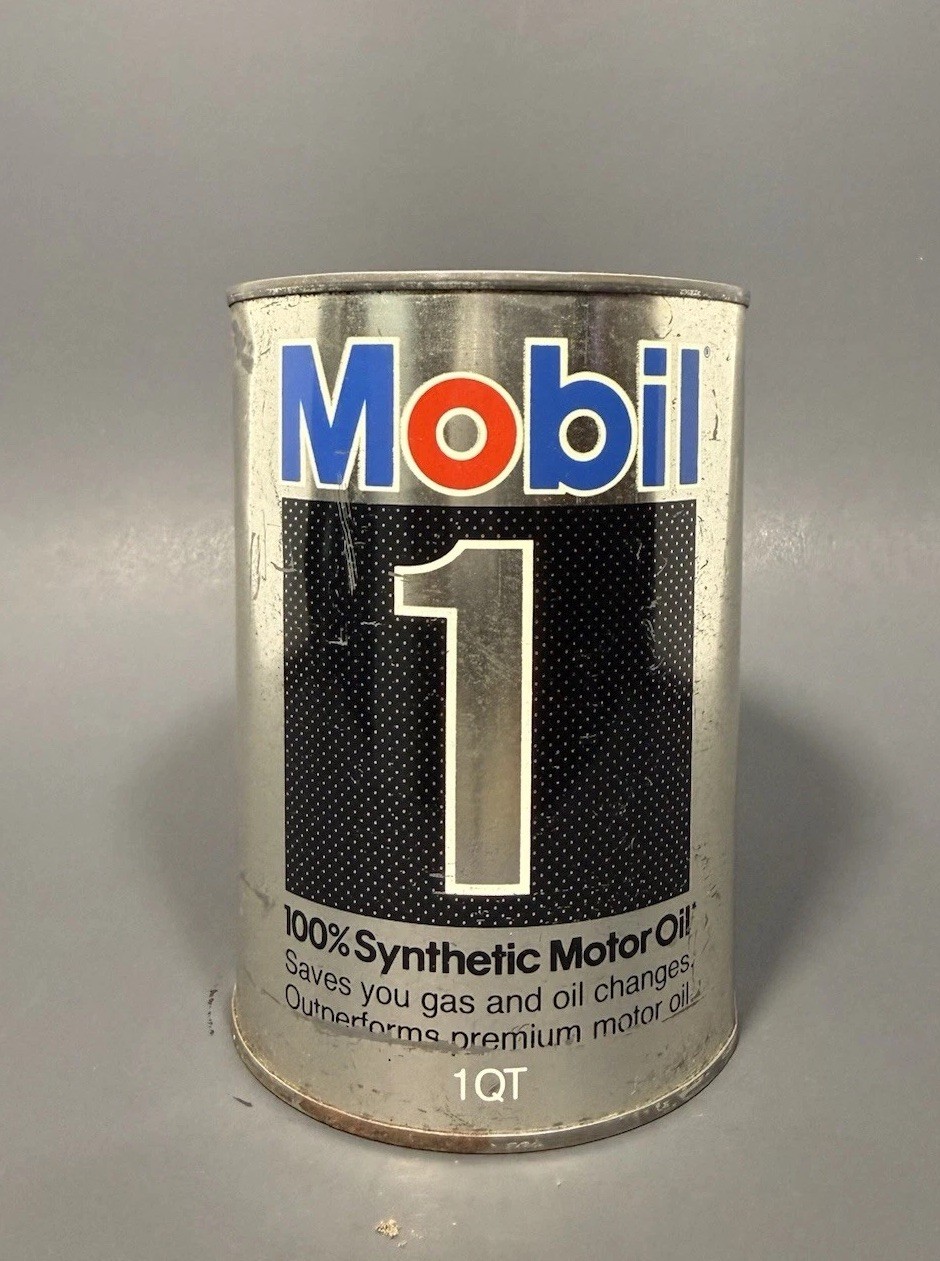 Vintage Mobil 1 100% Synthetic Motor Oil 1 Qt Composite Can Empty Advertising