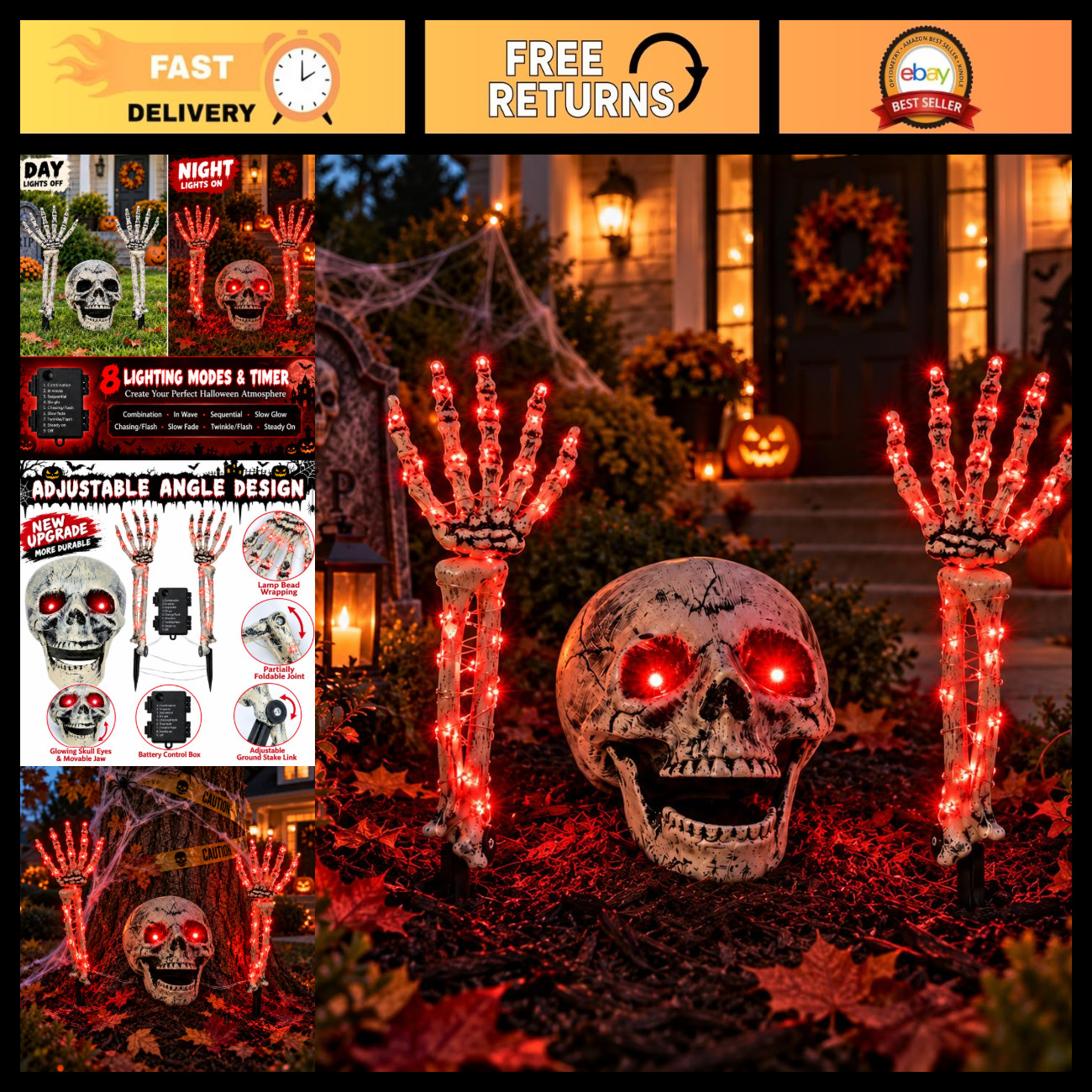 Light Up Halloween Skeleton Decorations - Skull Head & Hands Stake Lights, Red L