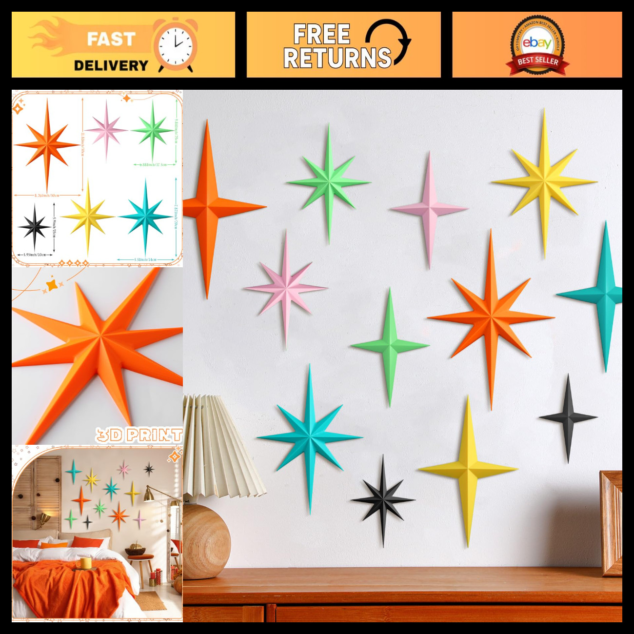 Blulu 12 Pcs Mid Century Modern Decoration Mcm Retro 3D Starburst Art Wall Sculp
