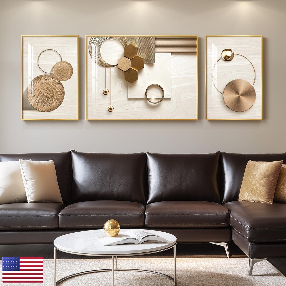 Cuspin Large 3 Piece Gold Geometric Framed Wall Art for Living Room Bedroom