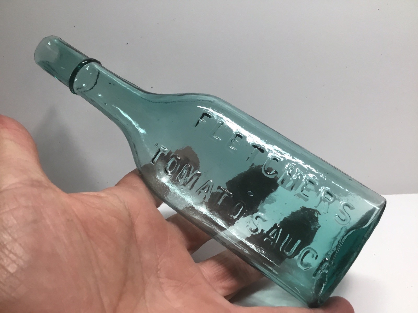 Antique Rich Aqua Burst Top Fletchers Tomato Sauce Bottle.