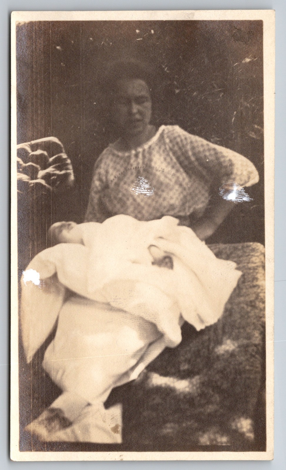 Antique Photo Mother Holding Baby in Long White Gown Dated 1921 Original BW