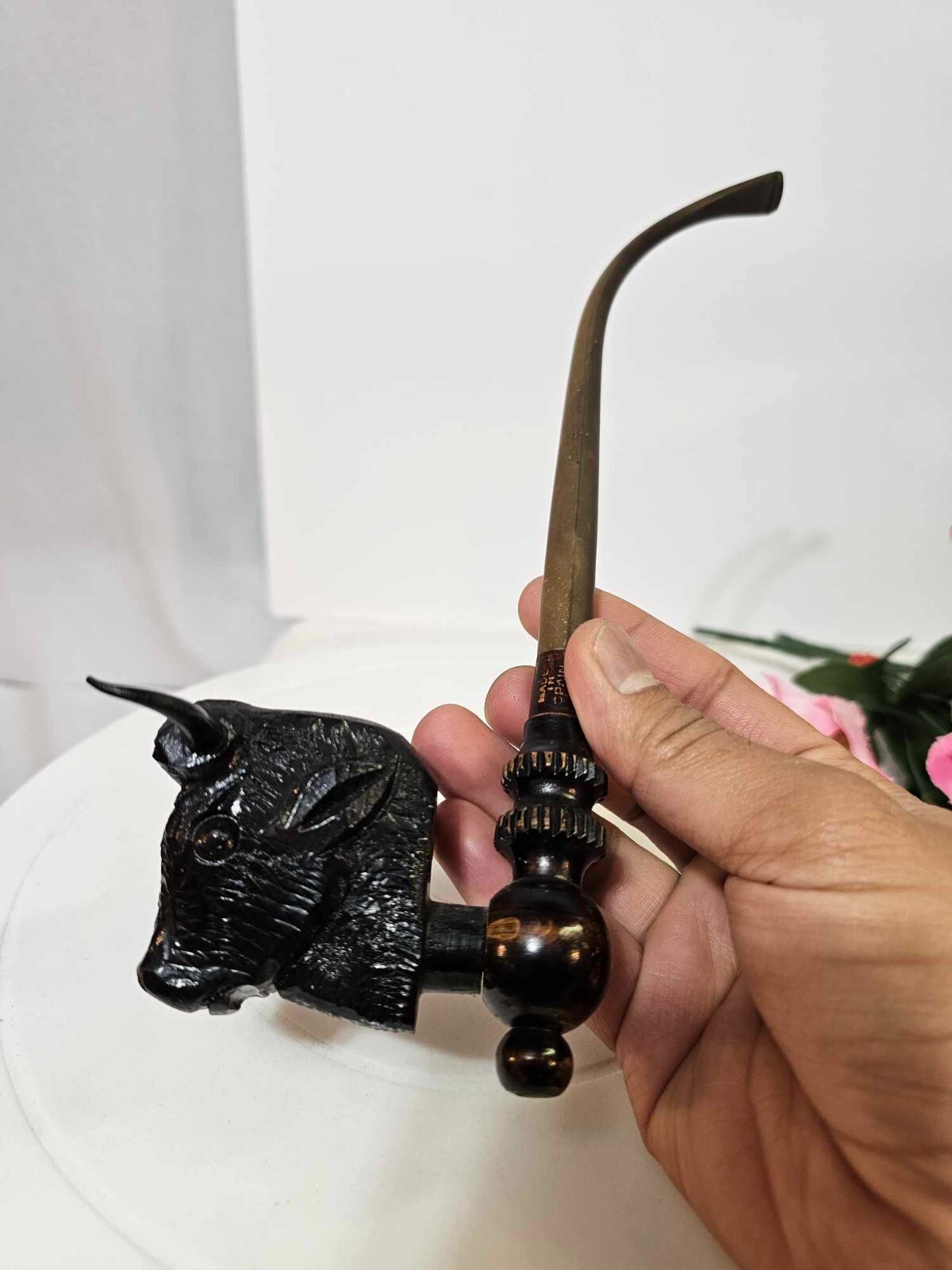 Vtg Made in Spain Plastic Wood Bull Buffalo Cow Head Horned Pipe- READ- A17