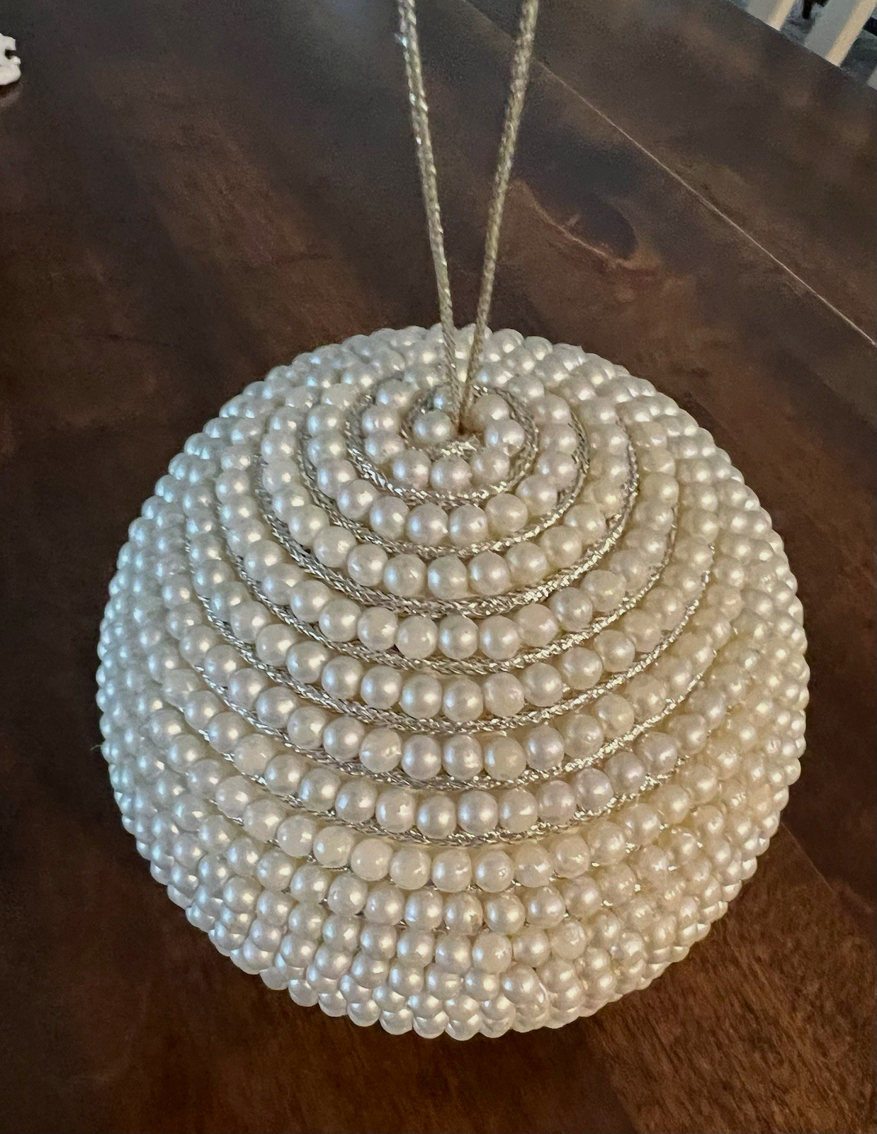 White Beaded Faux Pearl Ball Christmas Ornament w/ Silver Cord