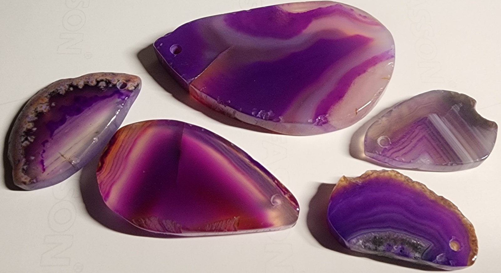 FIVE Slices of Natural Polished PURPLE Agate-Drilled Hole at Top-300 cts-Lot 2