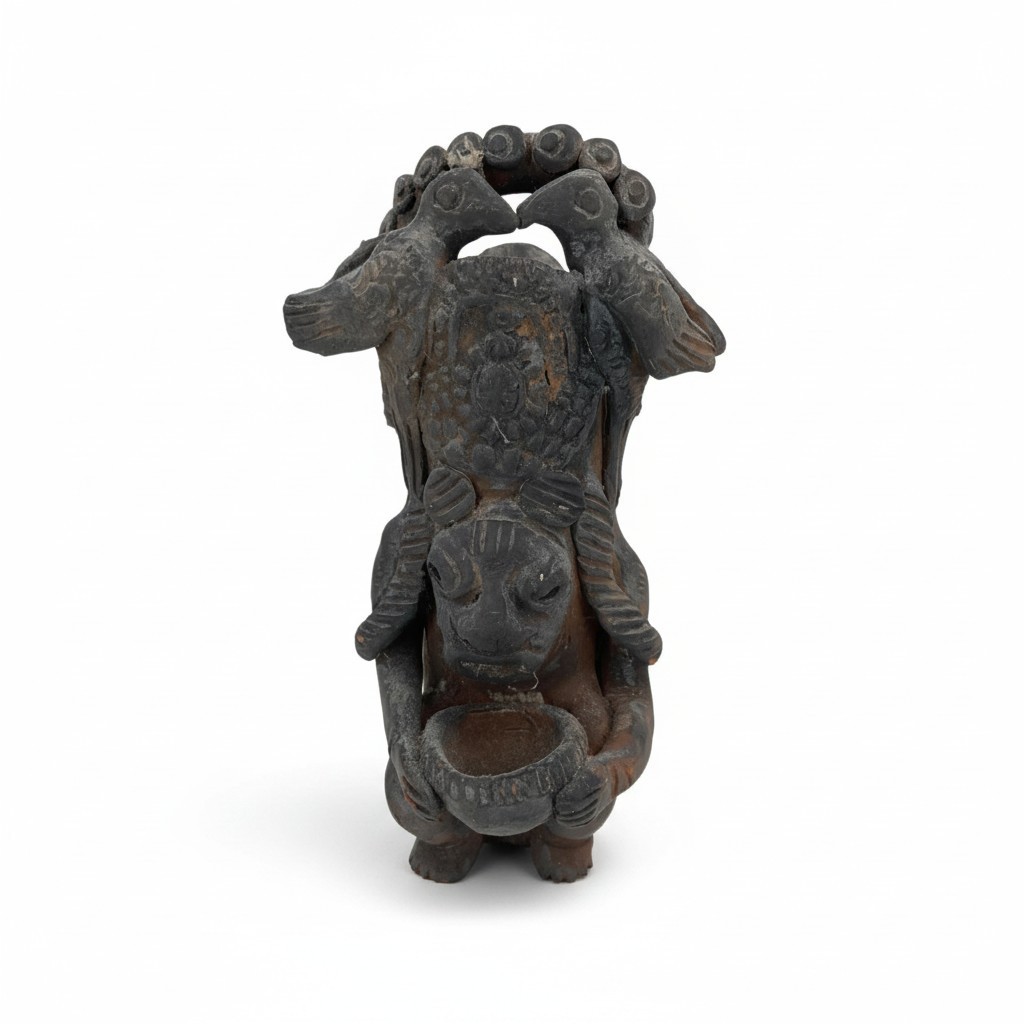 Vintage Pre-Columbian Style Pottery Figure Vessel Man Birds Bowl Tribal Folk Art