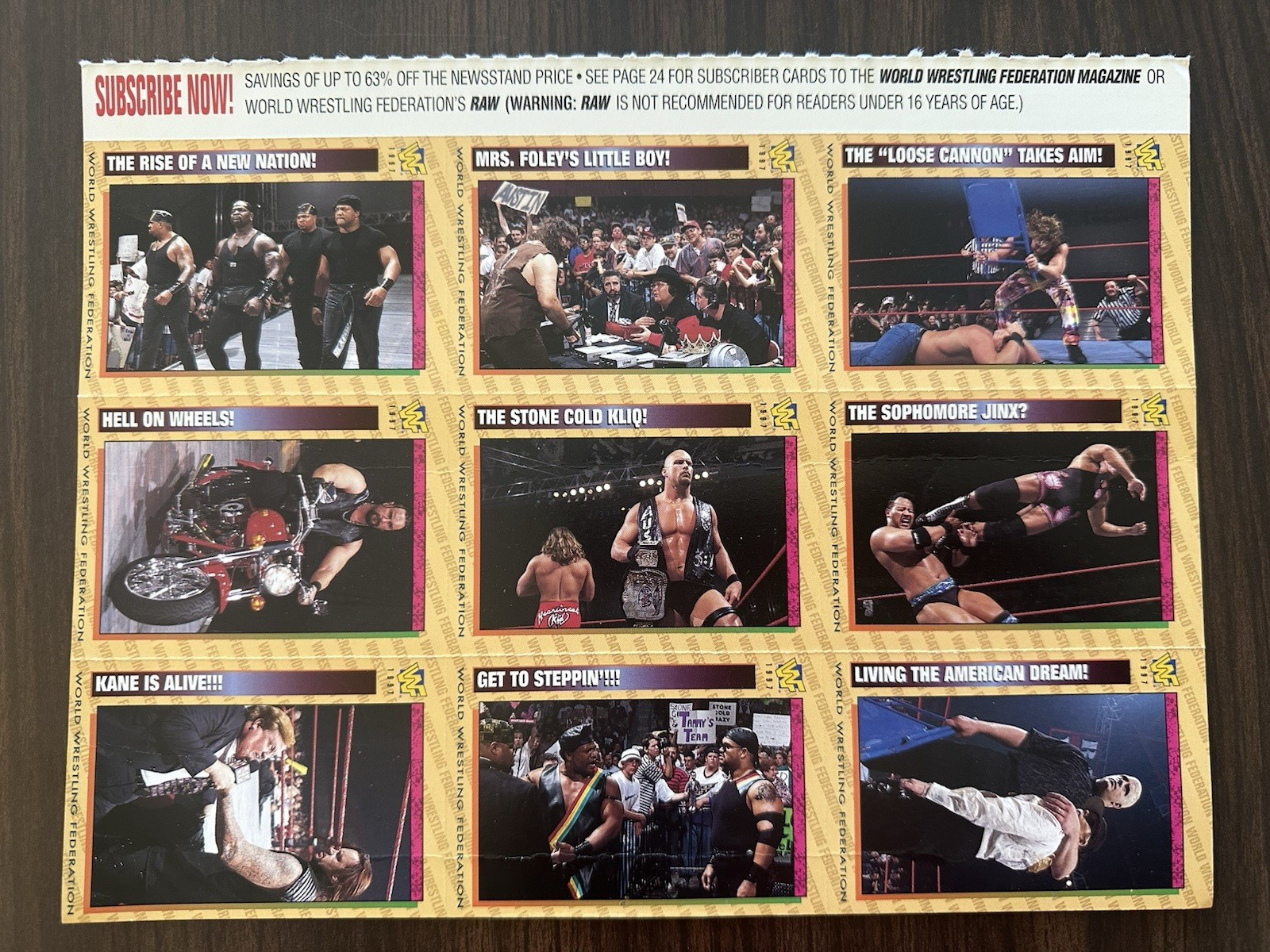 1997 WWF Magazine 9 Card Uncut Sheet, #121-129 Undertaker, Owen Hart, RAW IS WAR