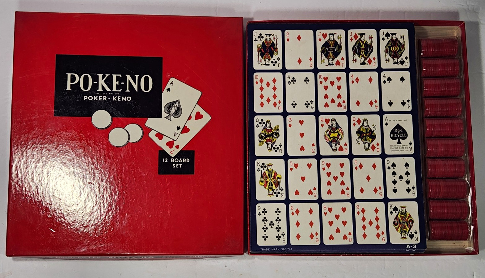 Vintage PO-KE-NO Game Set 12 Boards Chips Poker Keno US Cards Complete OpenBox