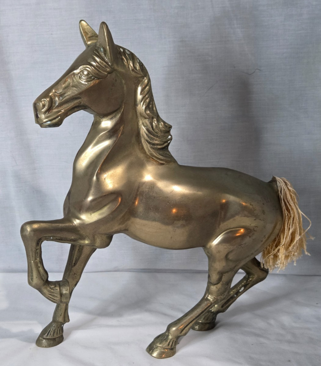 Vtg Solid Brass Horse Prancing Stallion Figurine 13.5''x11'' Heavy 6+ Lbs. READ