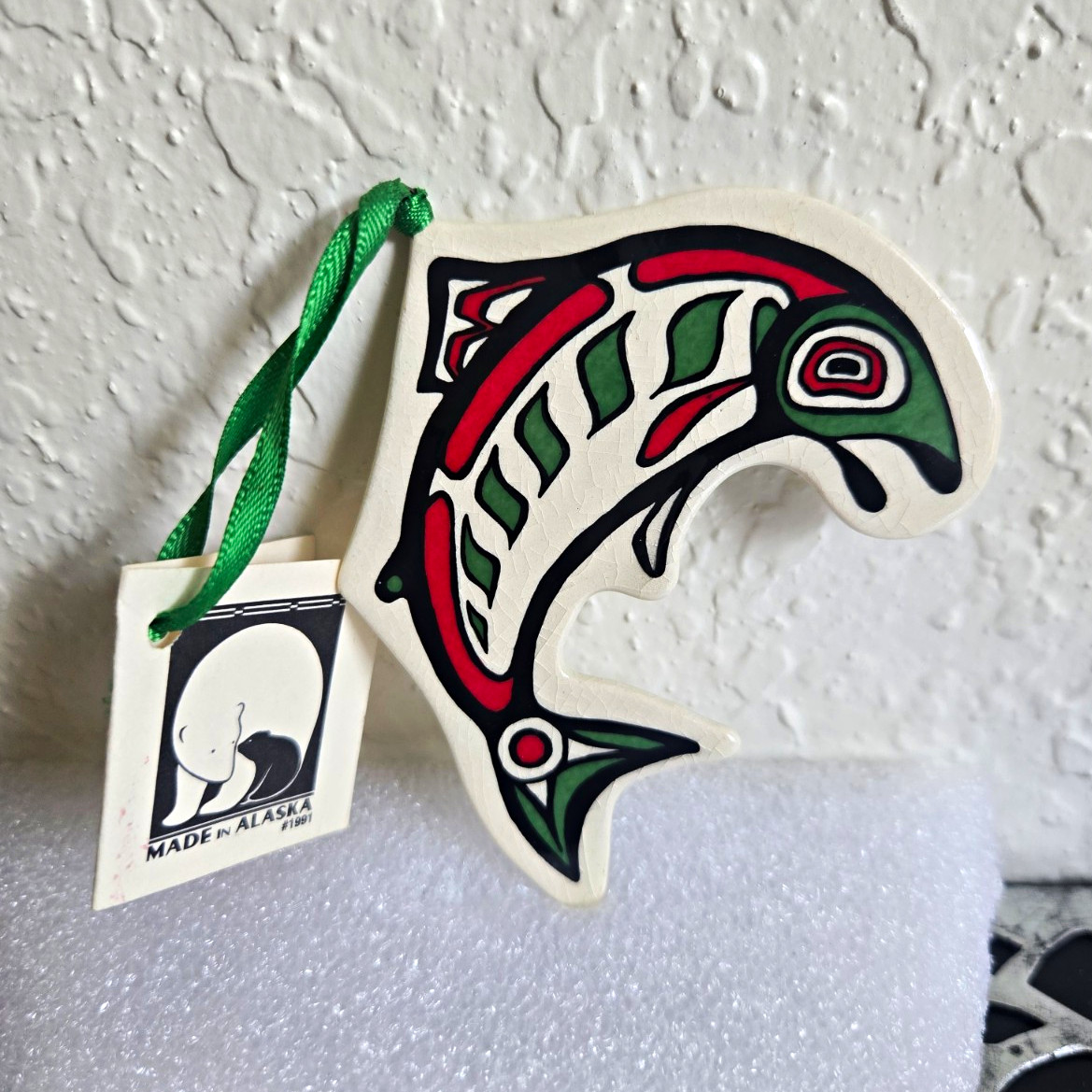 Alaska Salmon Fish Hanging Ornament w/ Green Ribbon & Tags \