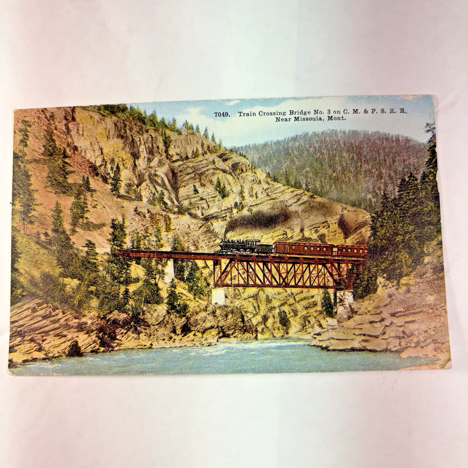 Vintage Missoula Mt Railroad Postdard CM&PS Bridge No 3 Steam Locomotive RPPC Er