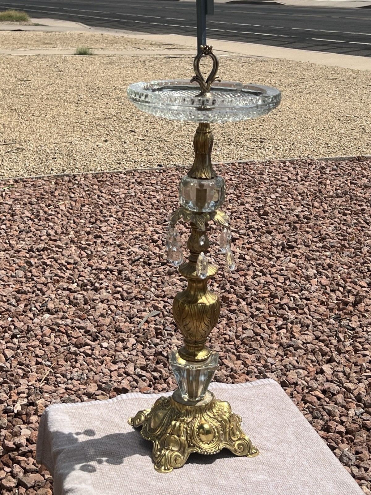 Vintage Hollywood Regency Brass & Crystal Floor Stand Ashtray Mint Condition MCM