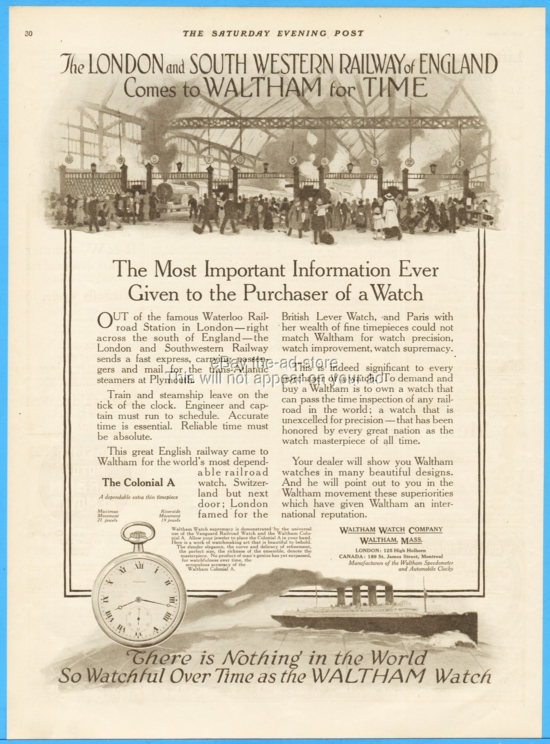 1917 Waltham Watch Co Waterloo Railroad Station London England Pocket Watch Ad