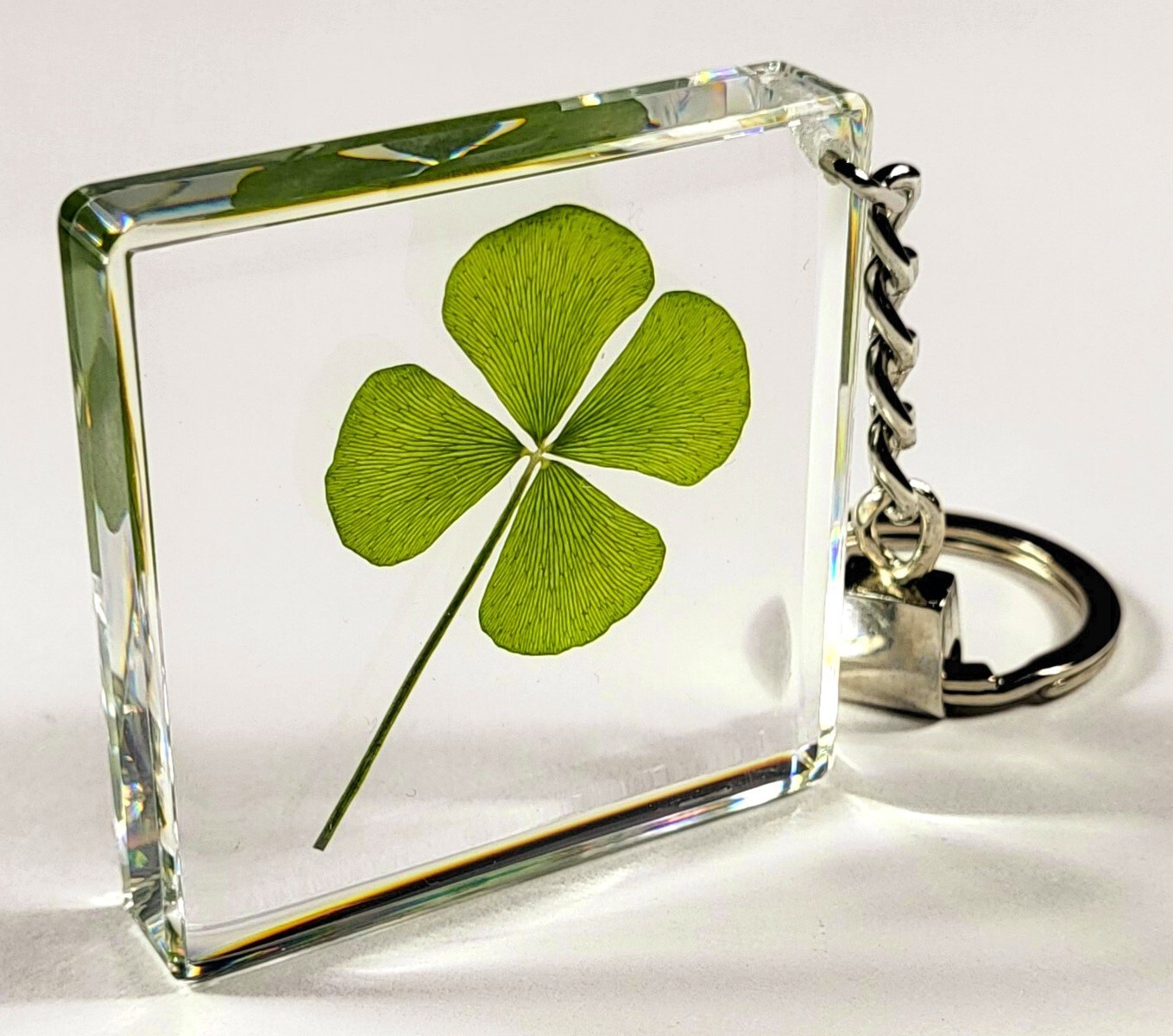 48mm Real Four Leaf Clover Shamrock in Keychain Lucky Leaf Inside Clear Lucite